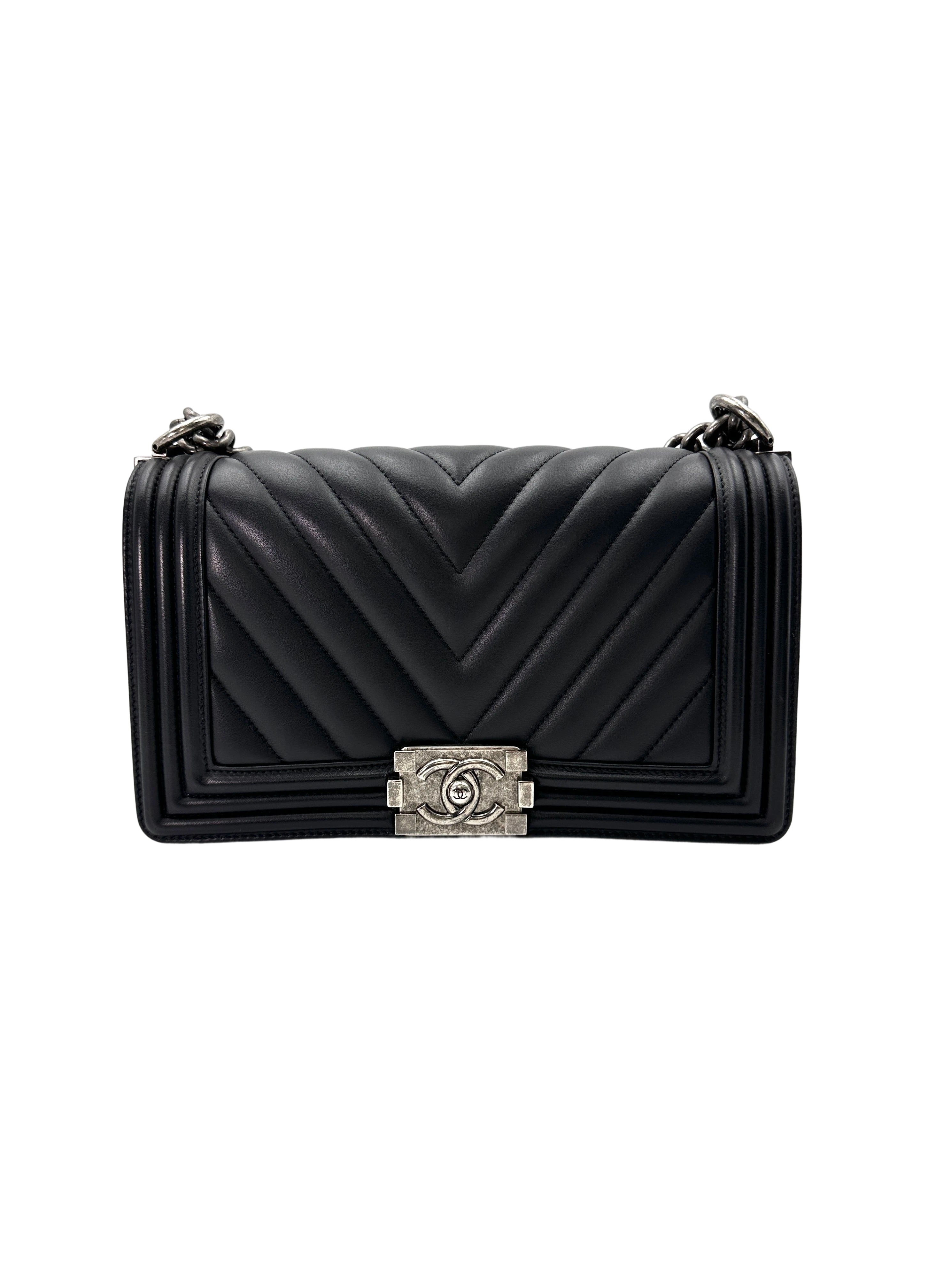 Chanel LeBoy Black Chevron Quilted Leather Medium Size Flap Bag With Silver Buckle(20***63) CC1790