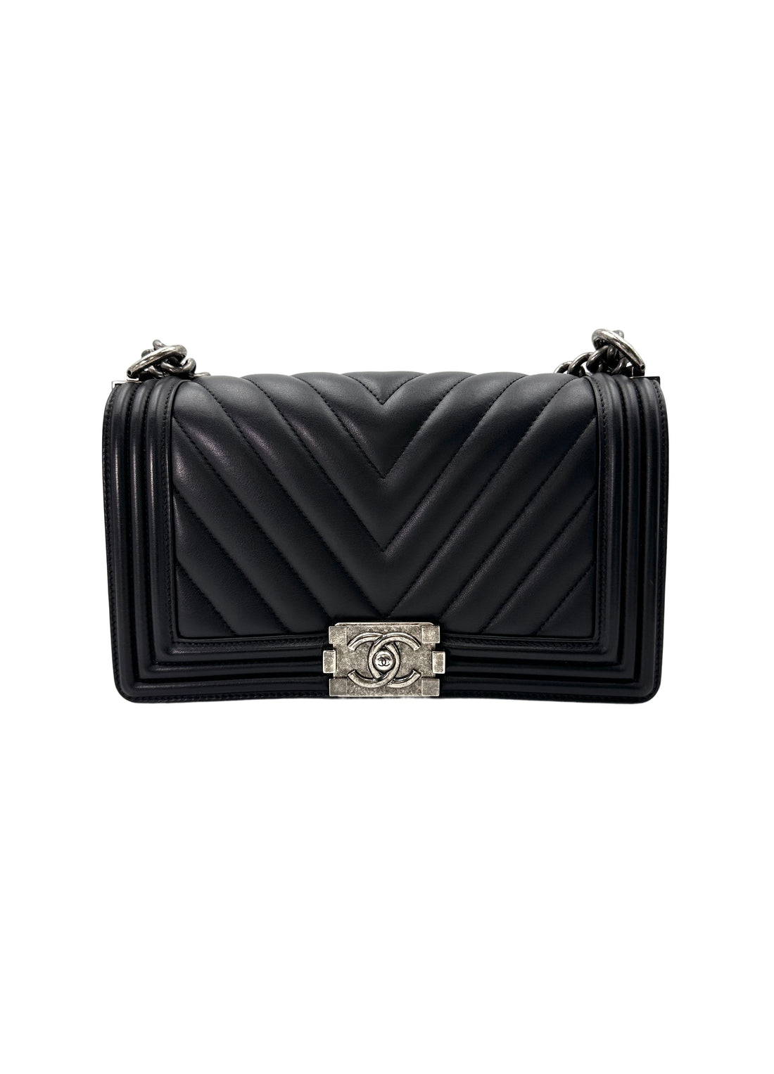 Chanel LeBoy Black Chevron Quilted Leather Medium Size Flap Bag With Silver Buckle(20***63) CC1790