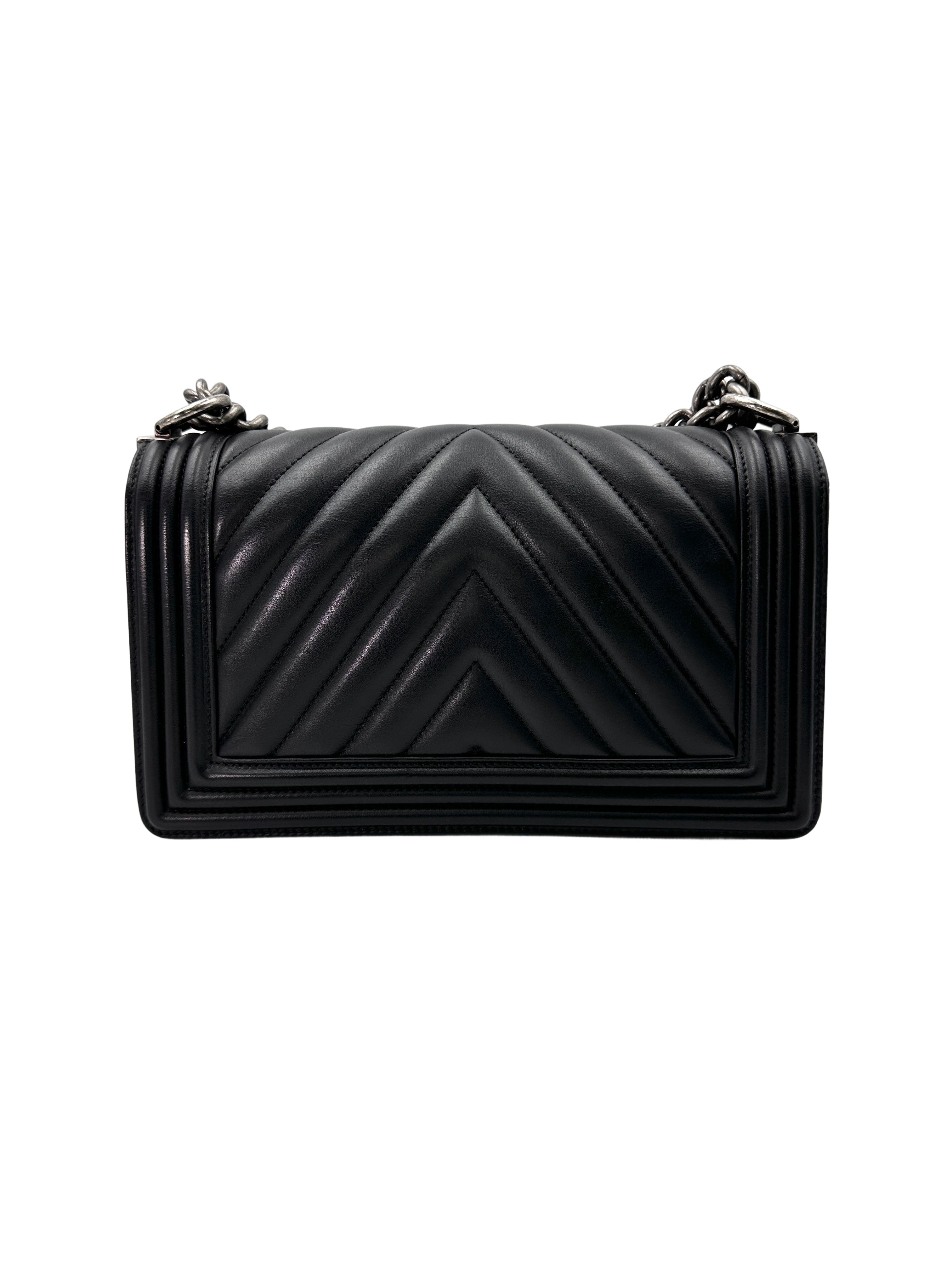 Chanel LeBoy Black Chevron Quilted Leather Medium Size Flap Bag With Silver Buckle(20***63) CC1790