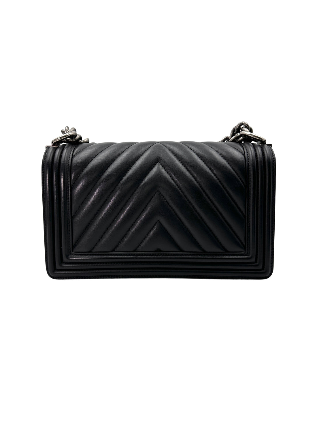 Chanel LeBoy Black Chevron Quilted Leather Medium Size Flap Bag With Silver Buckle(20***63) CC1790
