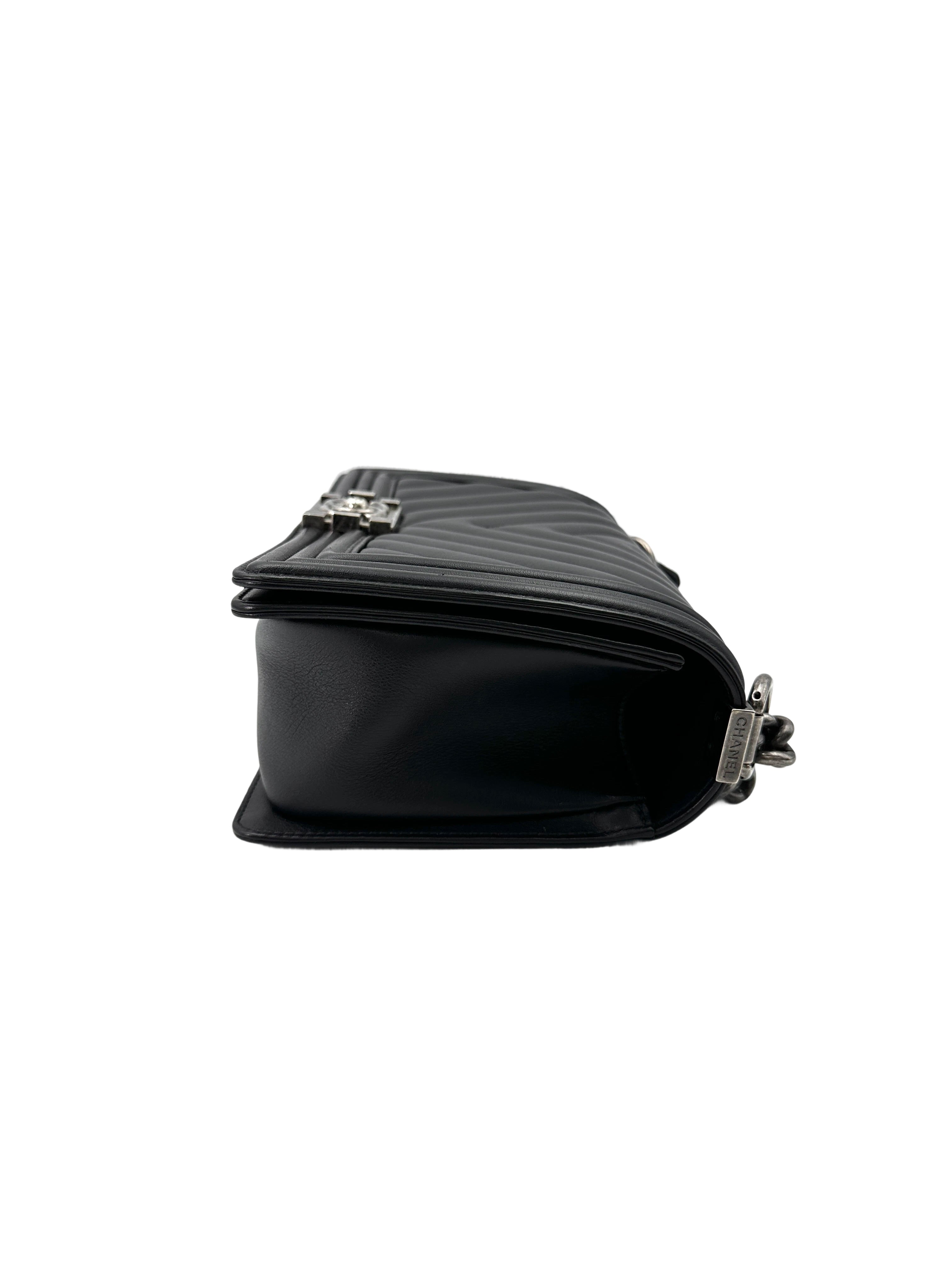 Chanel LeBoy Black Chevron Quilted Leather Medium Size Flap Bag With Silver Buckle(20***63) CC1790