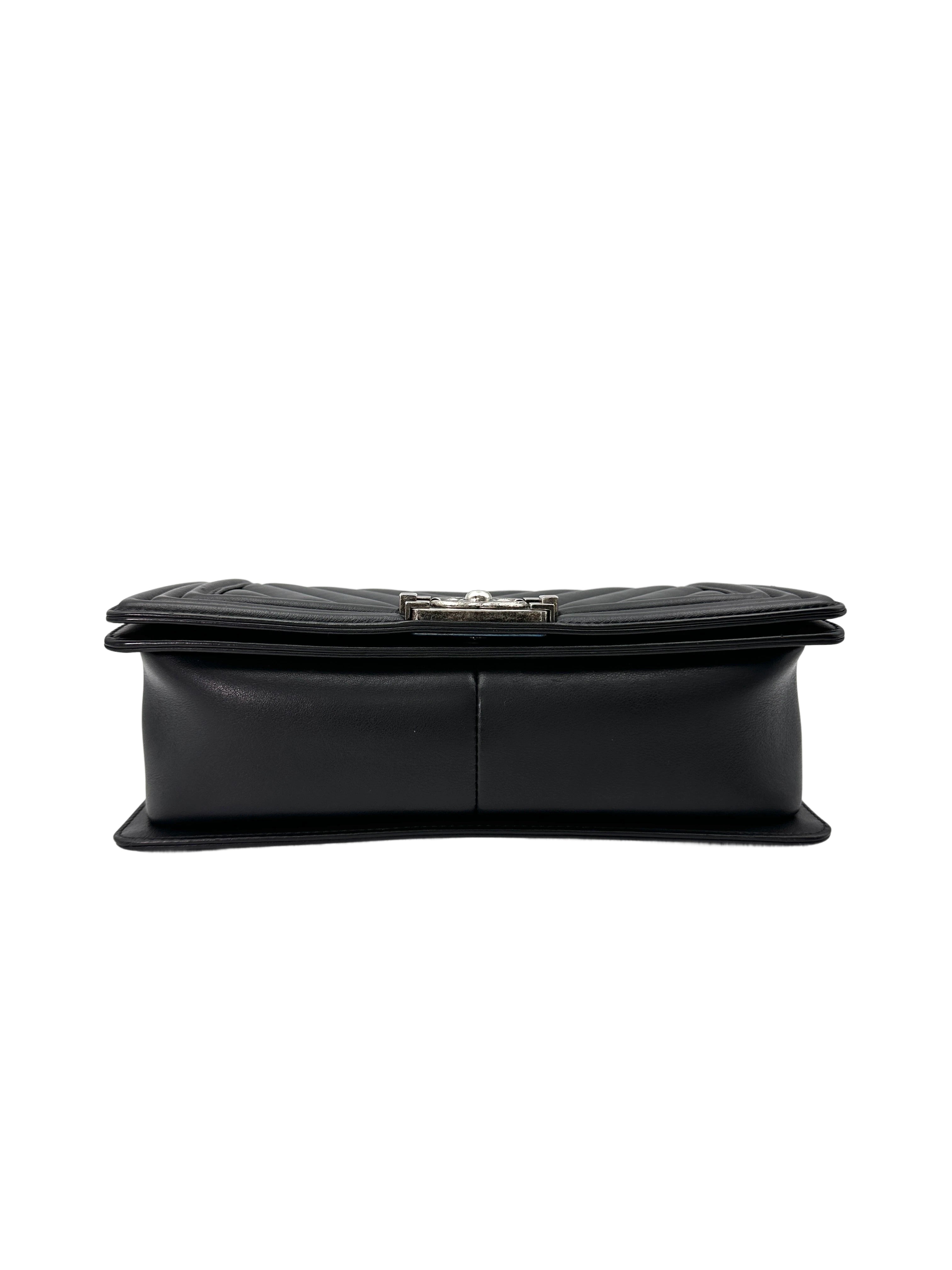Chanel LeBoy Black Chevron Quilted Leather Medium Size Flap Bag With Silver Buckle(20***63) CC1790