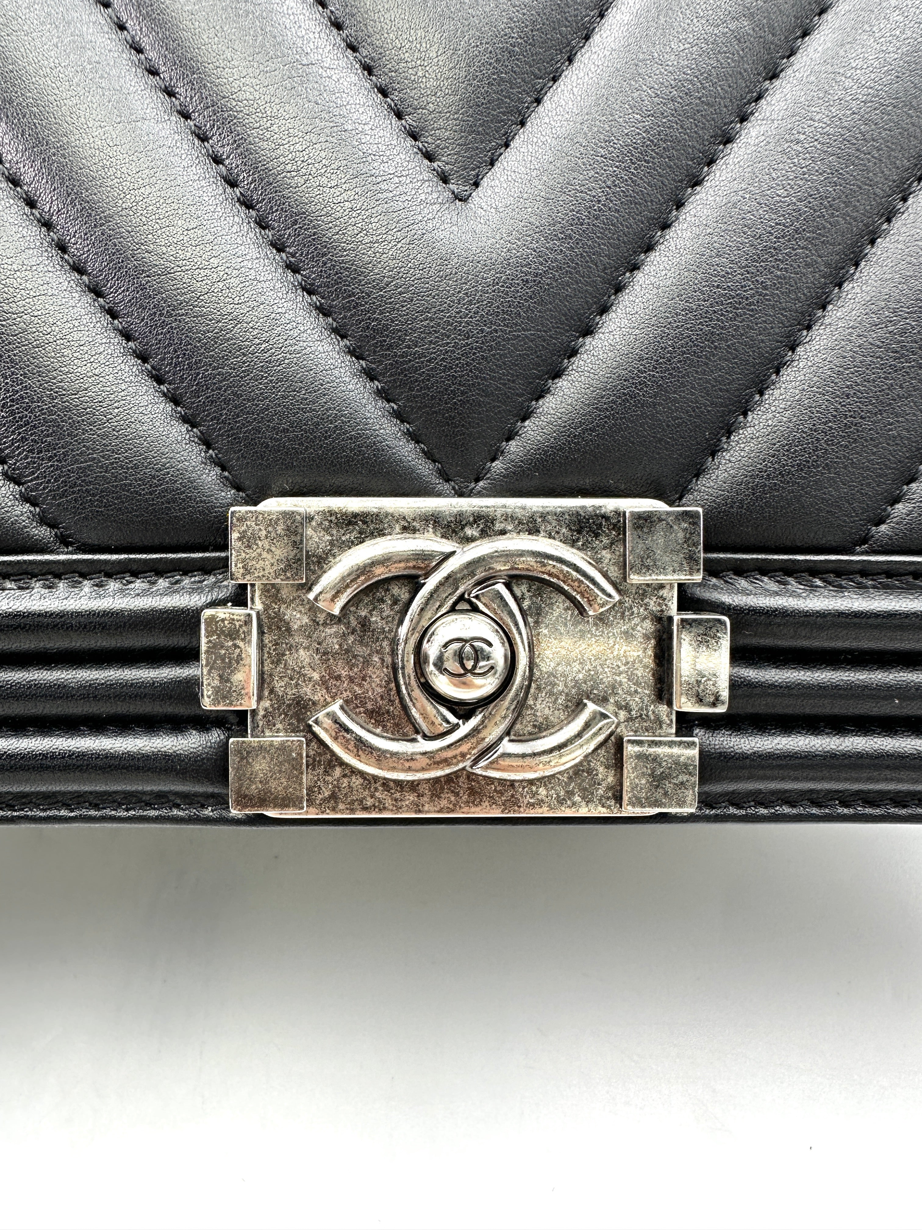 Chanel LeBoy Black Chevron Quilted Leather Medium Size Flap Bag With Silver Buckle(20***63) CC1790