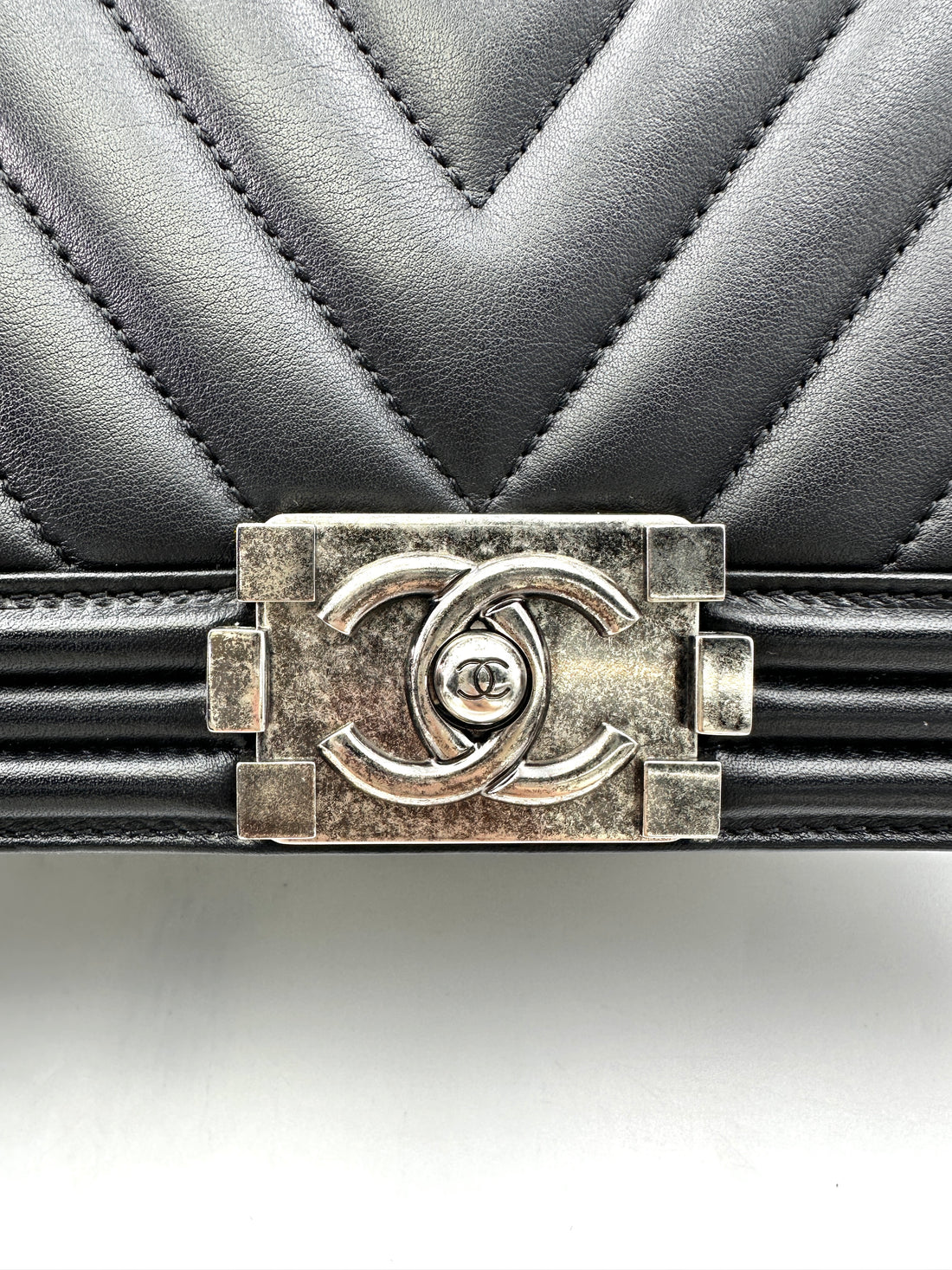 Chanel LeBoy Black Chevron Quilted Leather Medium Size Flap Bag With Silver Buckle(20***63) CC1790