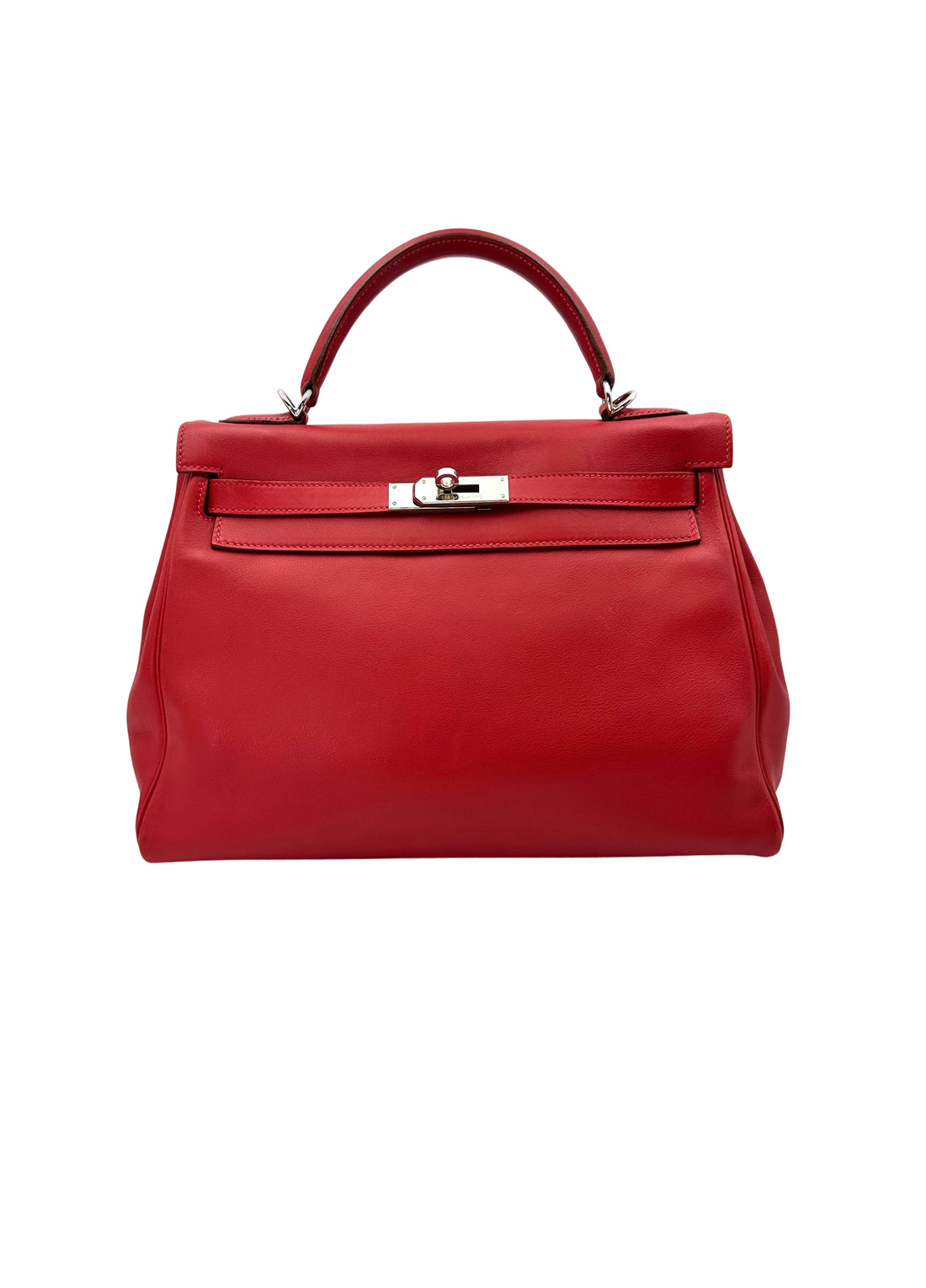 Hermes Kelly 32 Red Leather Handle Bag With Silver Hardware HR97