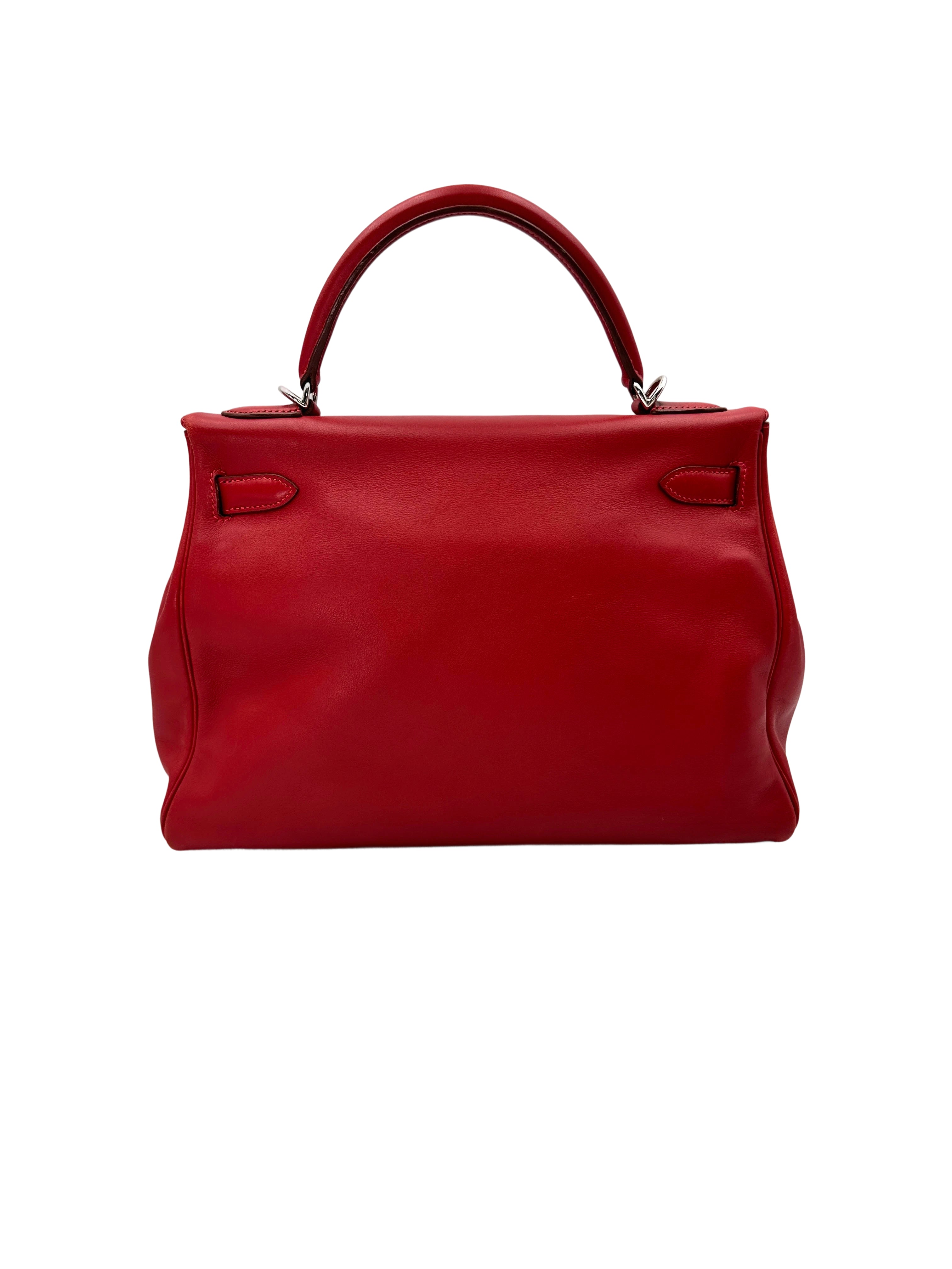 Hermes Kelly 32 Red Leather Handle Bag With Silver Hardware HR97