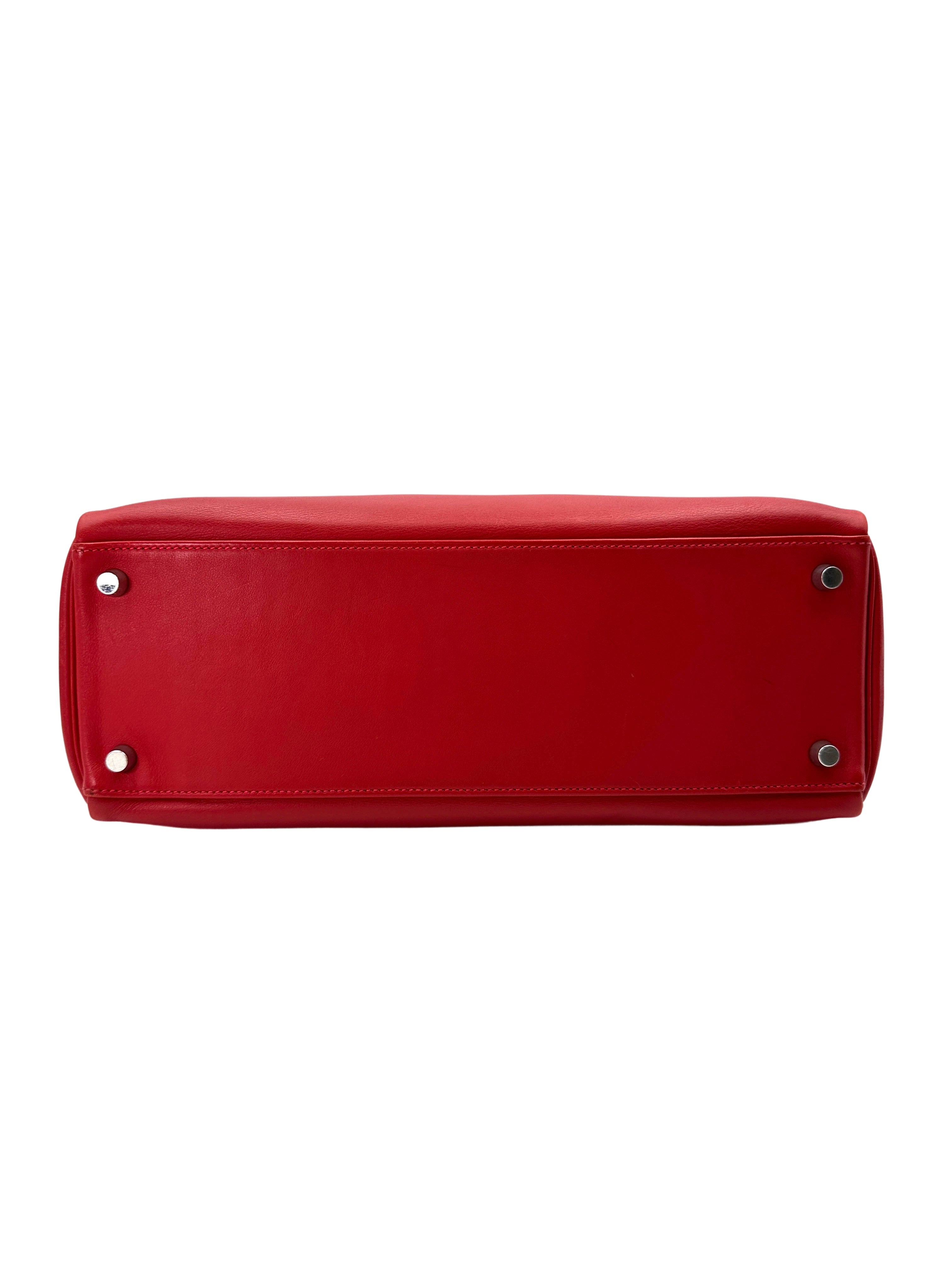 Hermes Kelly 32 Red Leather Handle Bag With Silver Hardware HR97
