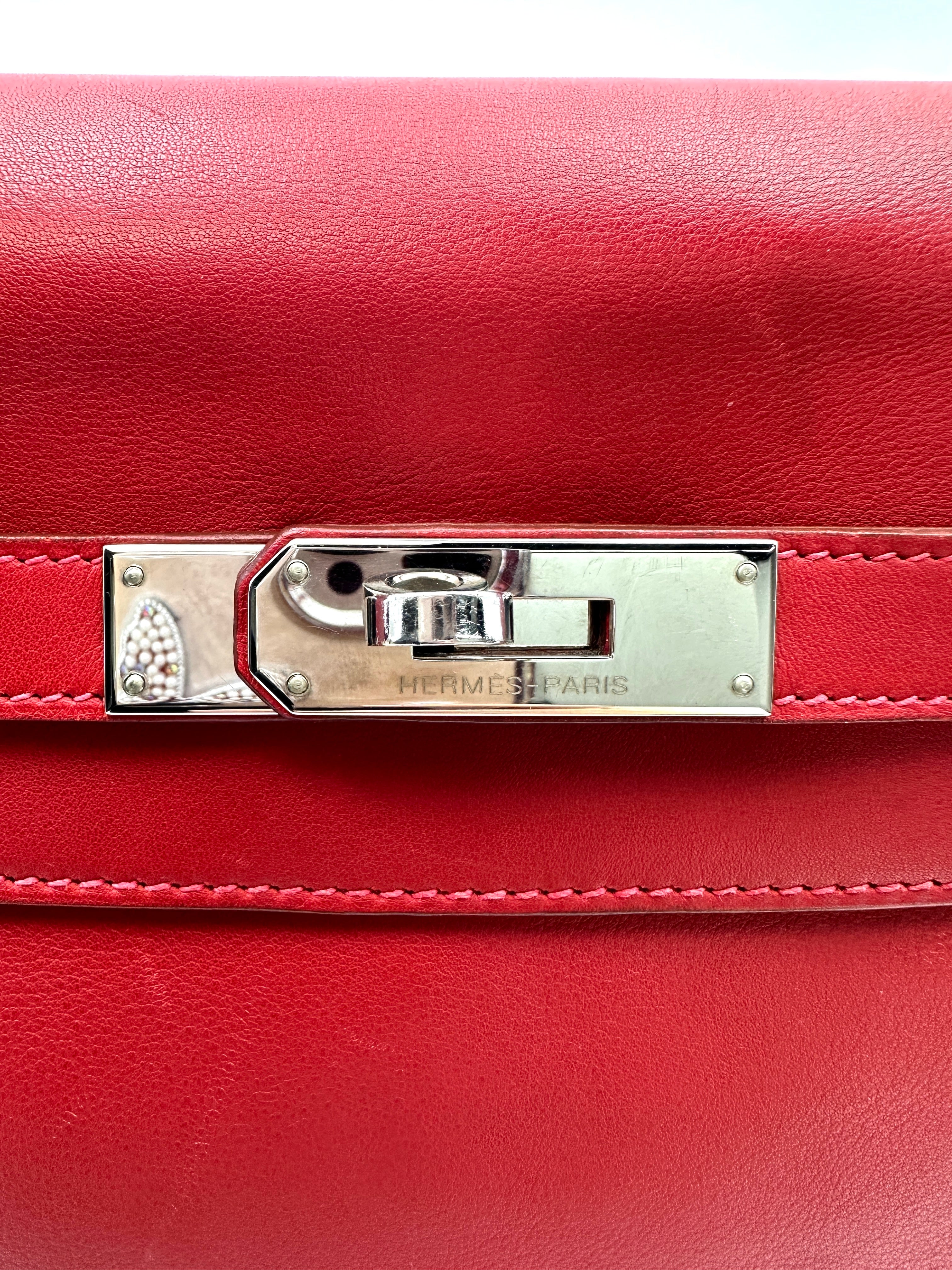 Hermes Kelly 32 Red Leather Handle Bag With Silver Hardware HR97