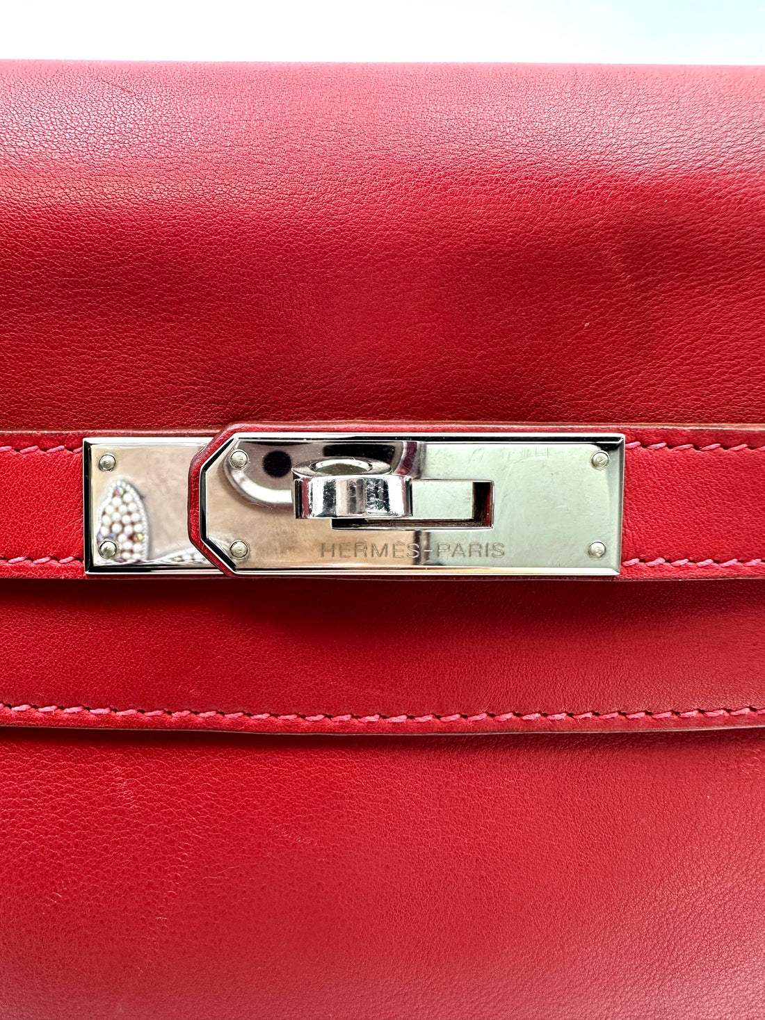 Hermes Kelly 32 Red Leather Handle Bag With Silver Hardware HR97