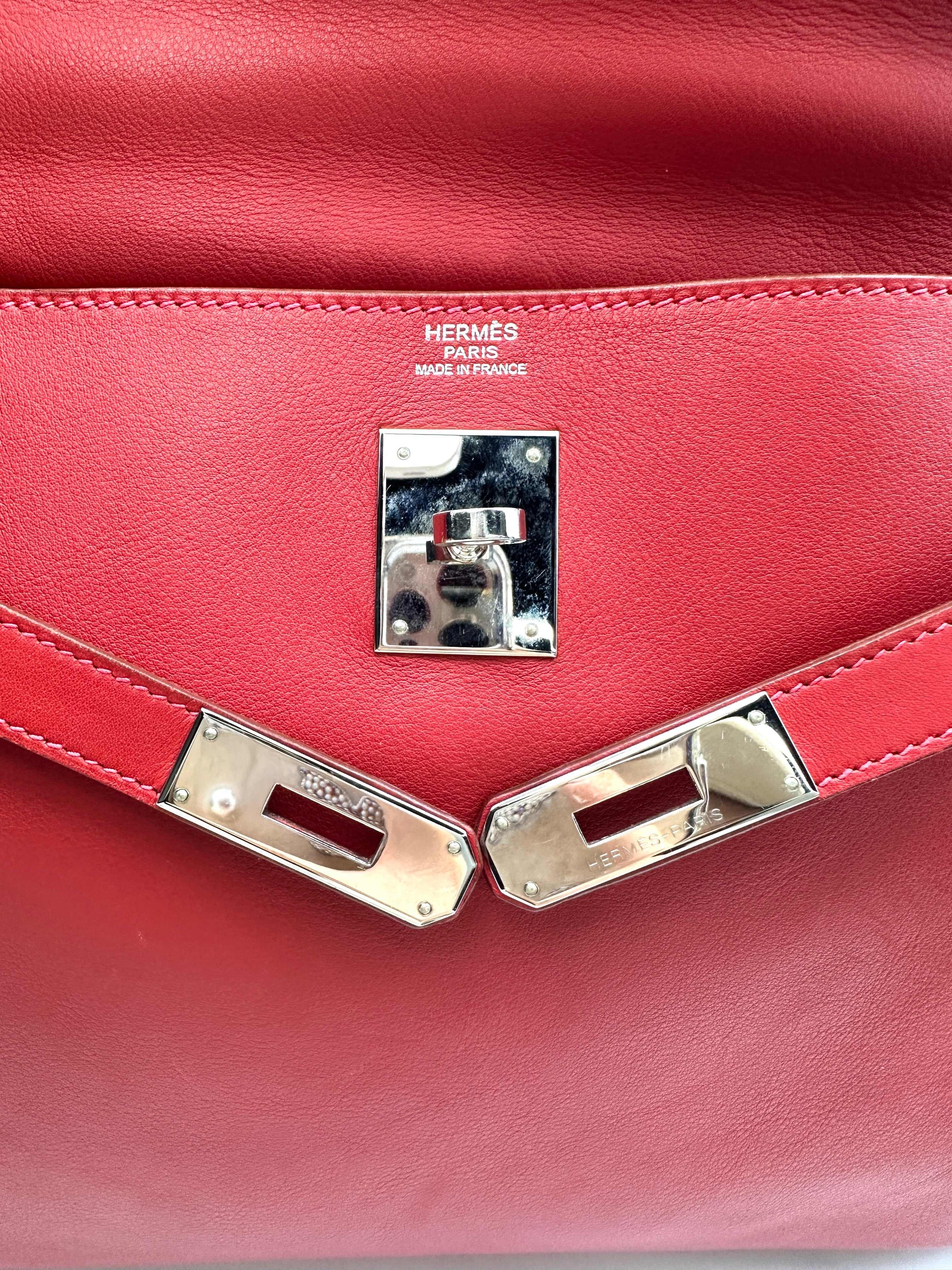 Hermes Kelly 32 Red Leather Handle Bag With Silver Hardware HR97