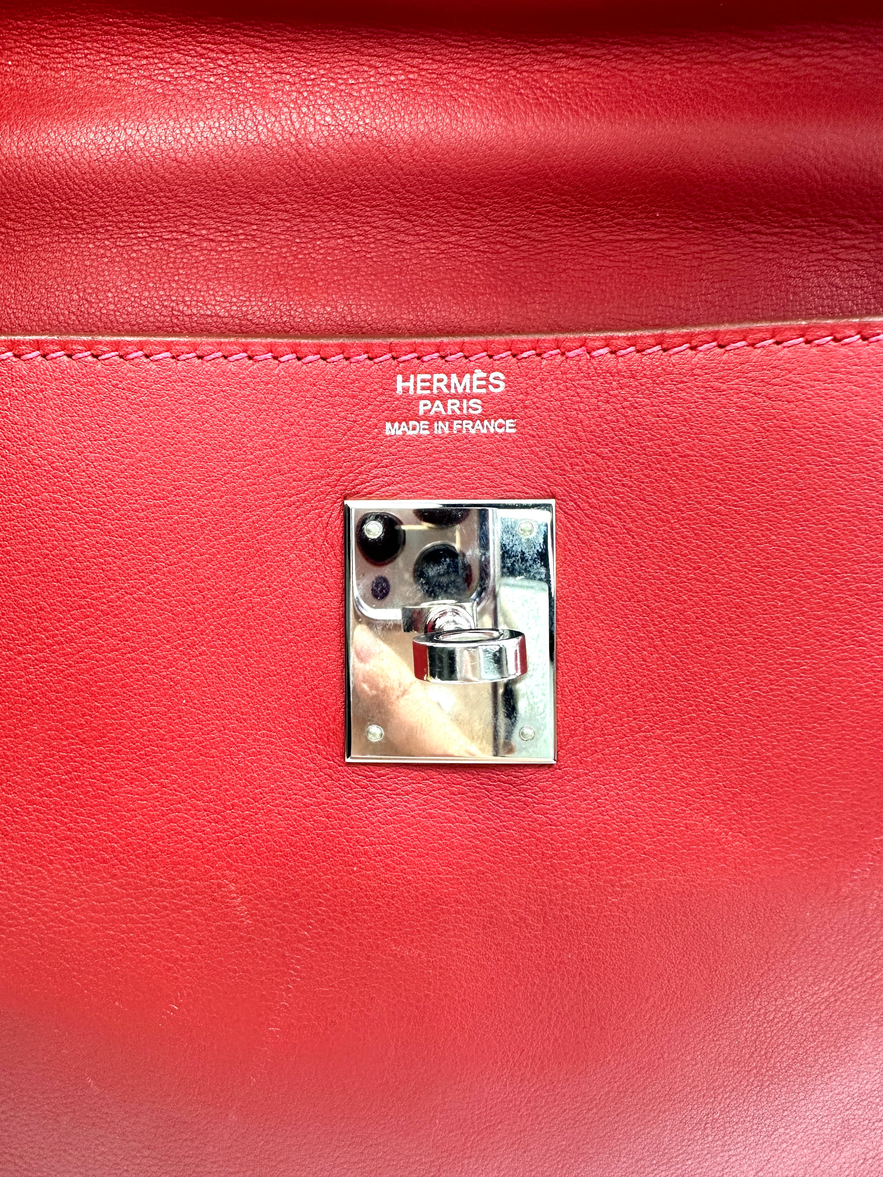 Hermes Kelly 32 Red Leather Handle Bag With Silver Hardware HR97