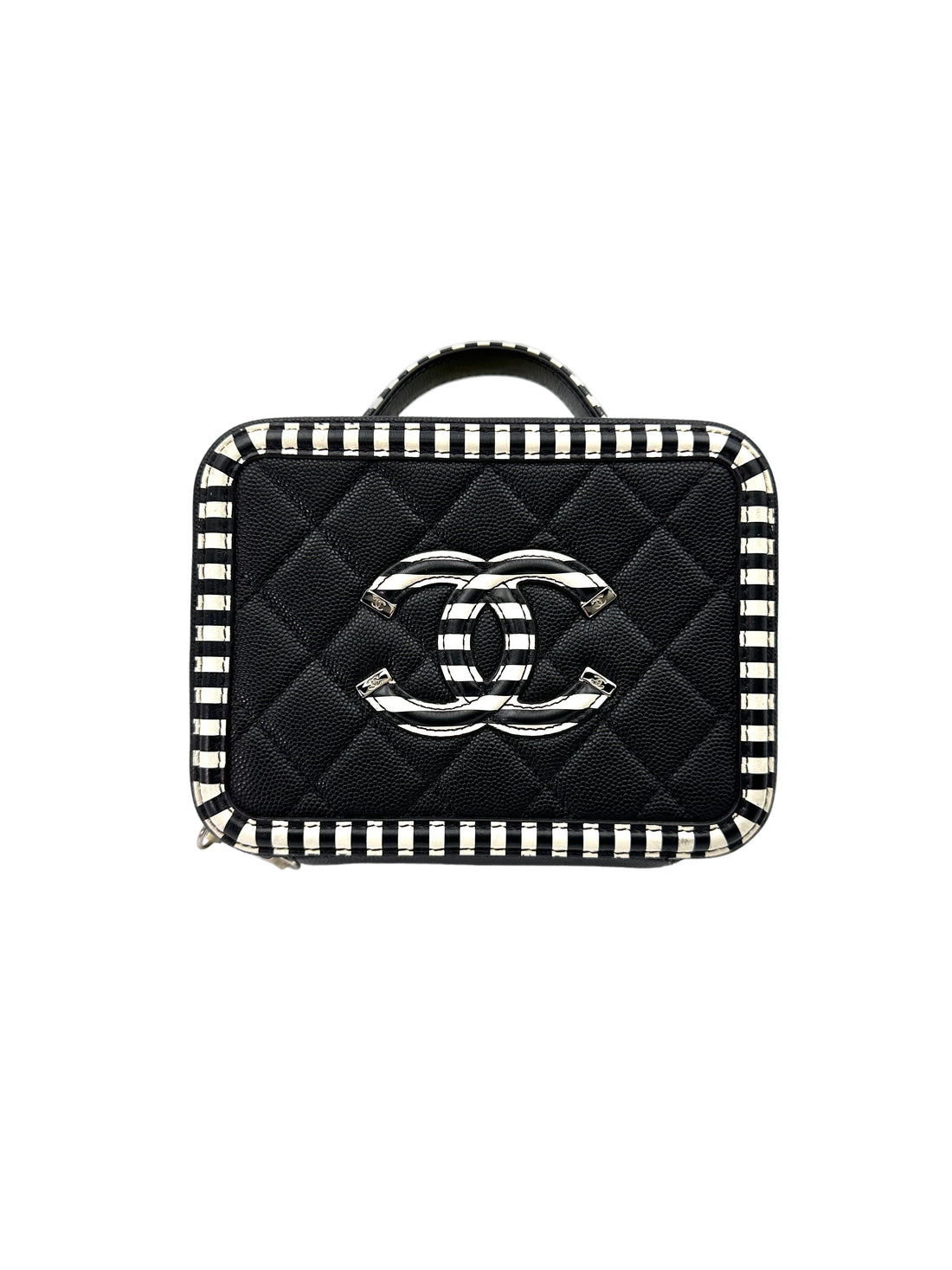 Chanel CC Filigree Black/White Striped Quilted Leather Vanity Case(27***59) CC1793