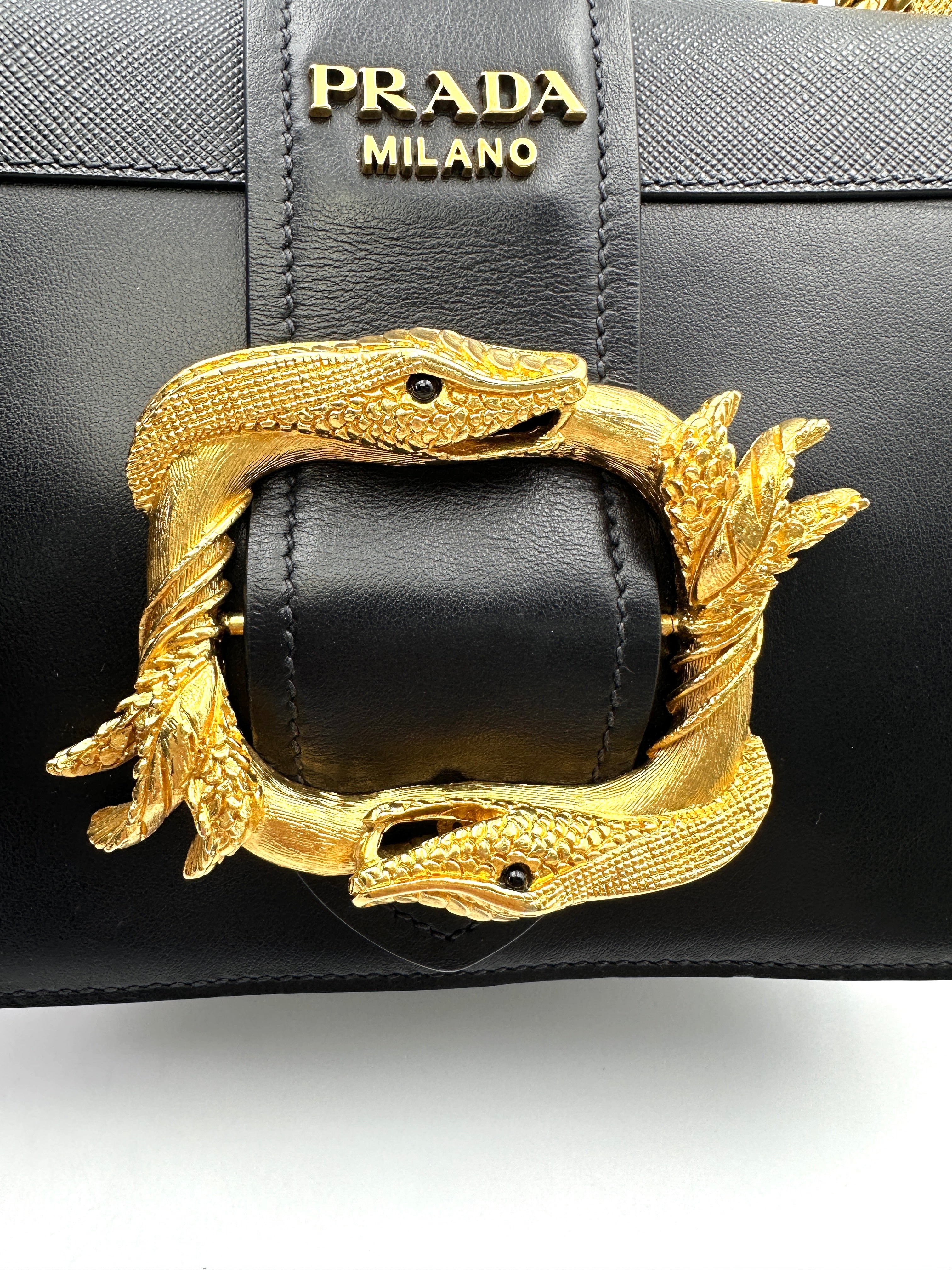 Prada Animalier Cahier Black Saffiano Leather Shoulder Bag With Gold Hardware PR269
