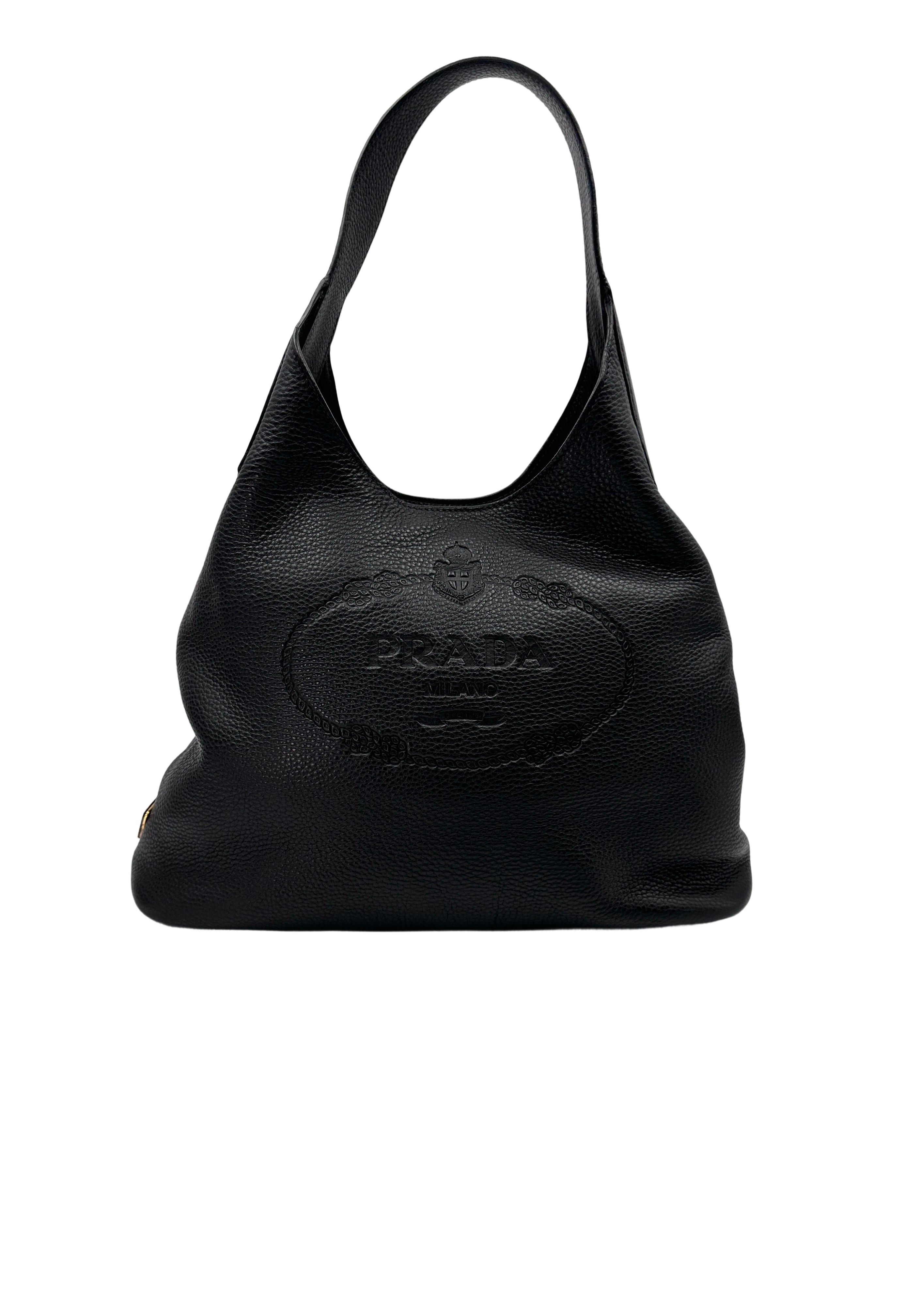 Prada Vitello Daino Black Leather Hobo Bag PR268