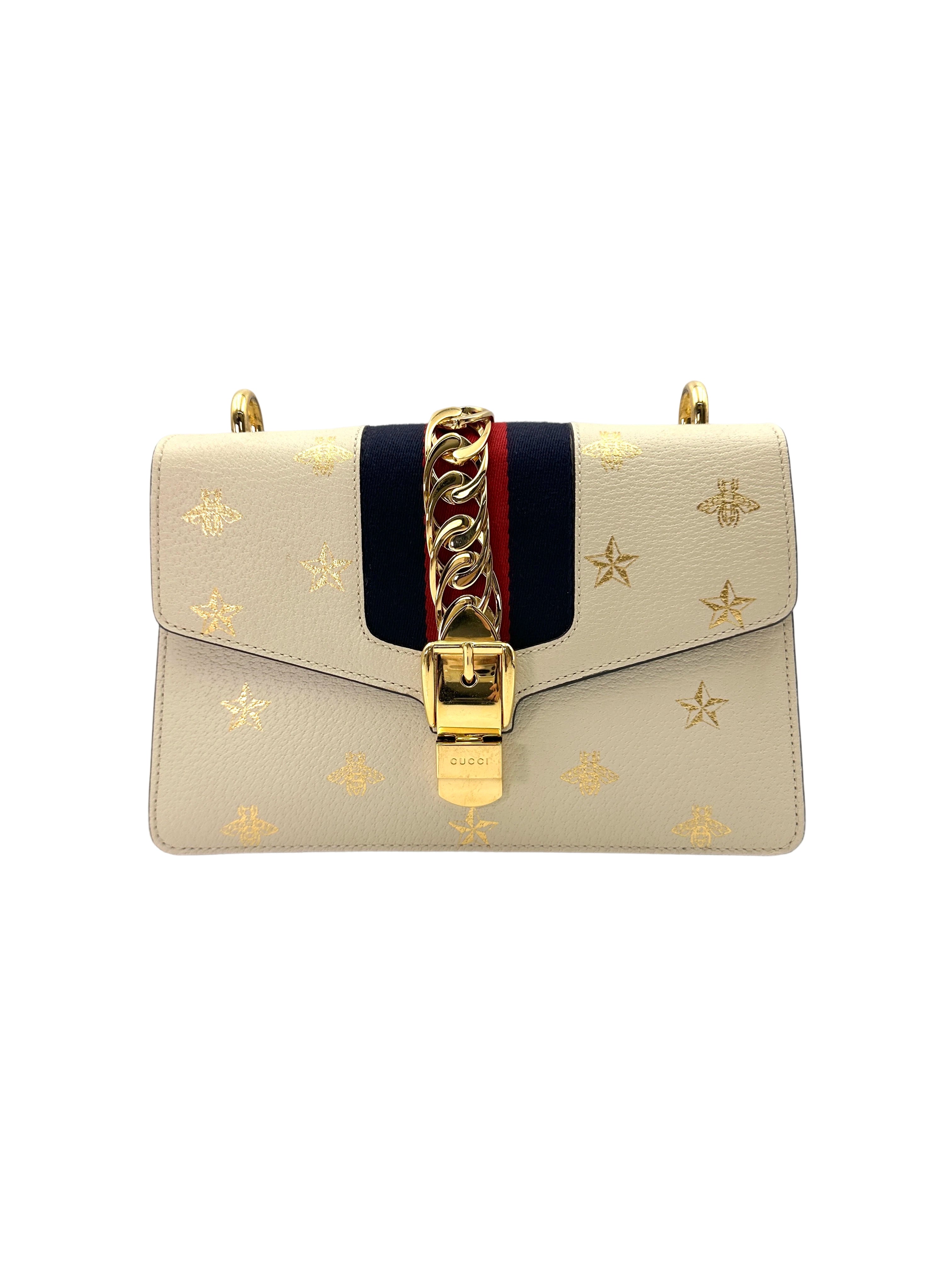 Gucci Sylvie Bee Star White Leather Medium Size Shoulder Bag GG850