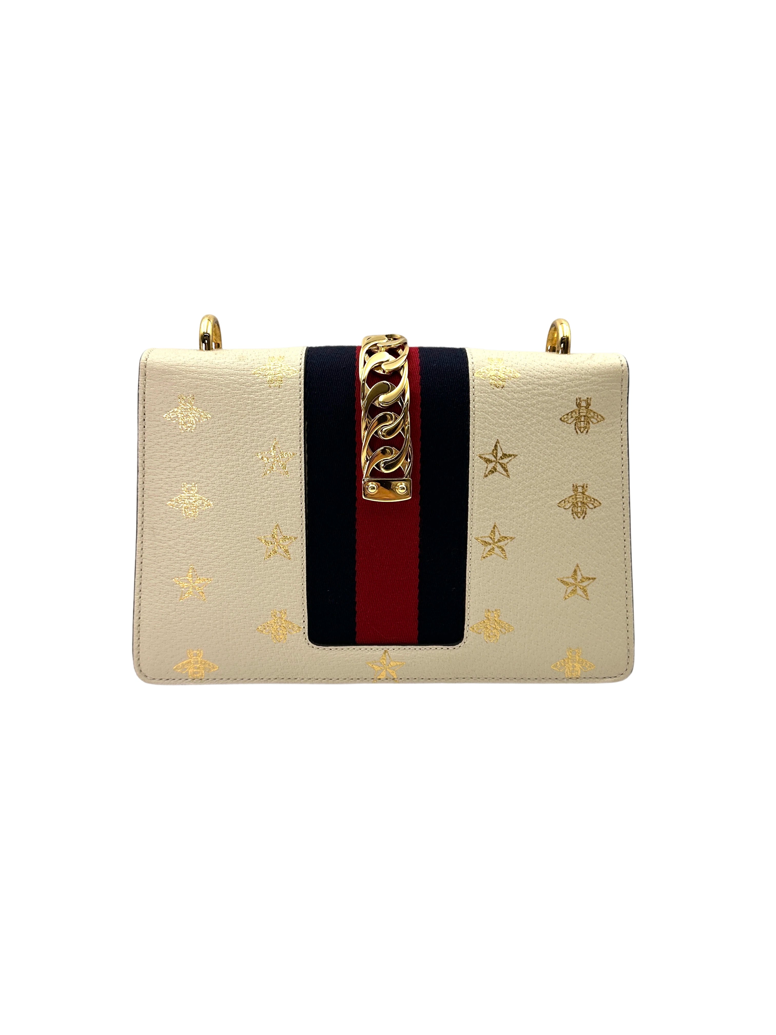 Gucci Sylvie Bee Star White Leather Medium Size Shoulder Bag GG850
