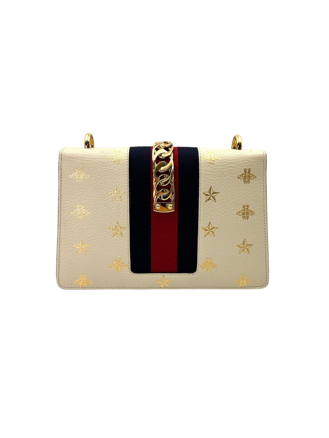 Gucci Sylvie Bee Star White Leather Medium Size Shoulder Bag GG850