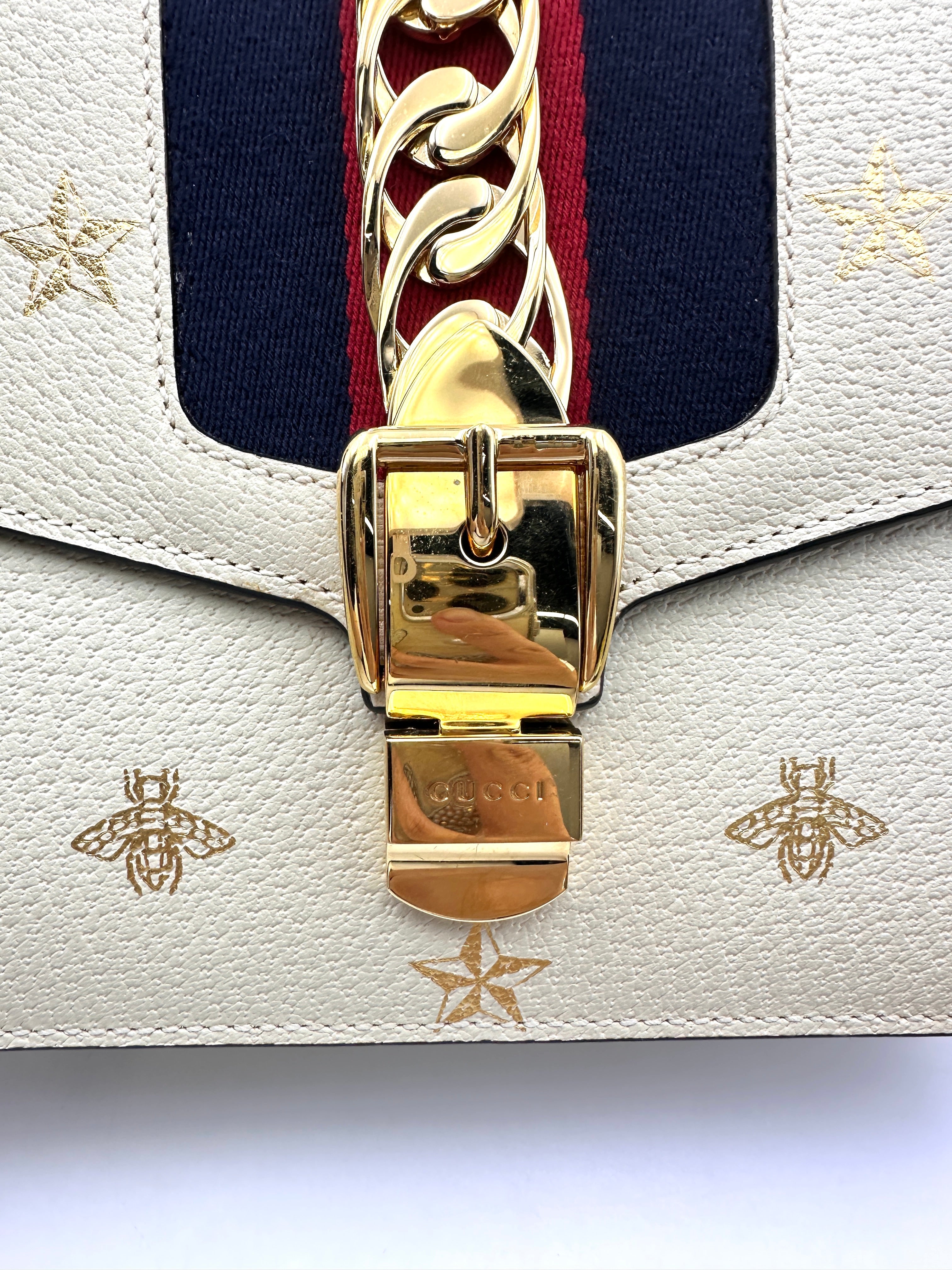 Gucci Sylvie Bee Star White Leather Medium Size Shoulder Bag GG850