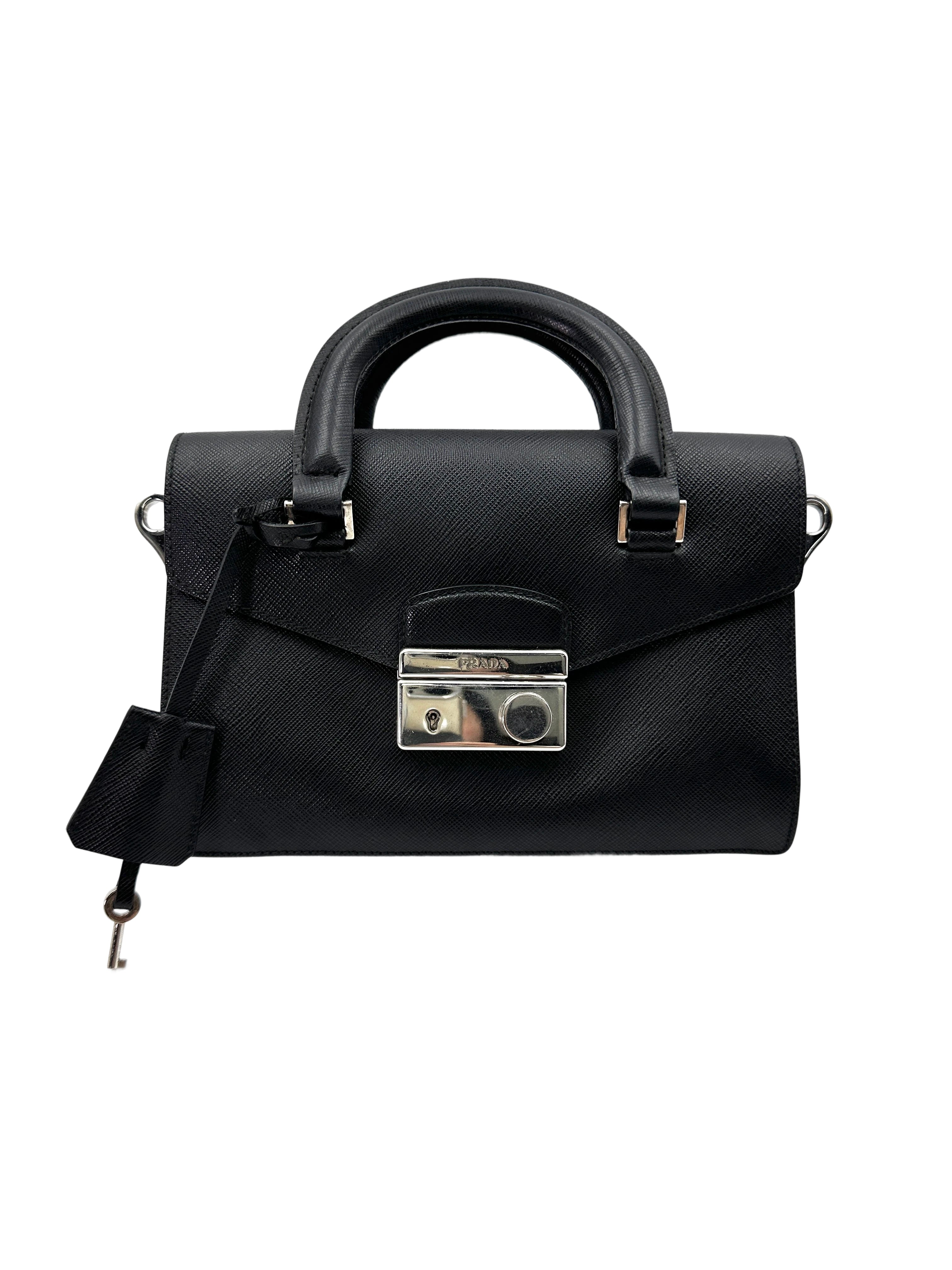Prada Sound Lock Black Saffiano Leather Handle Bag PR270