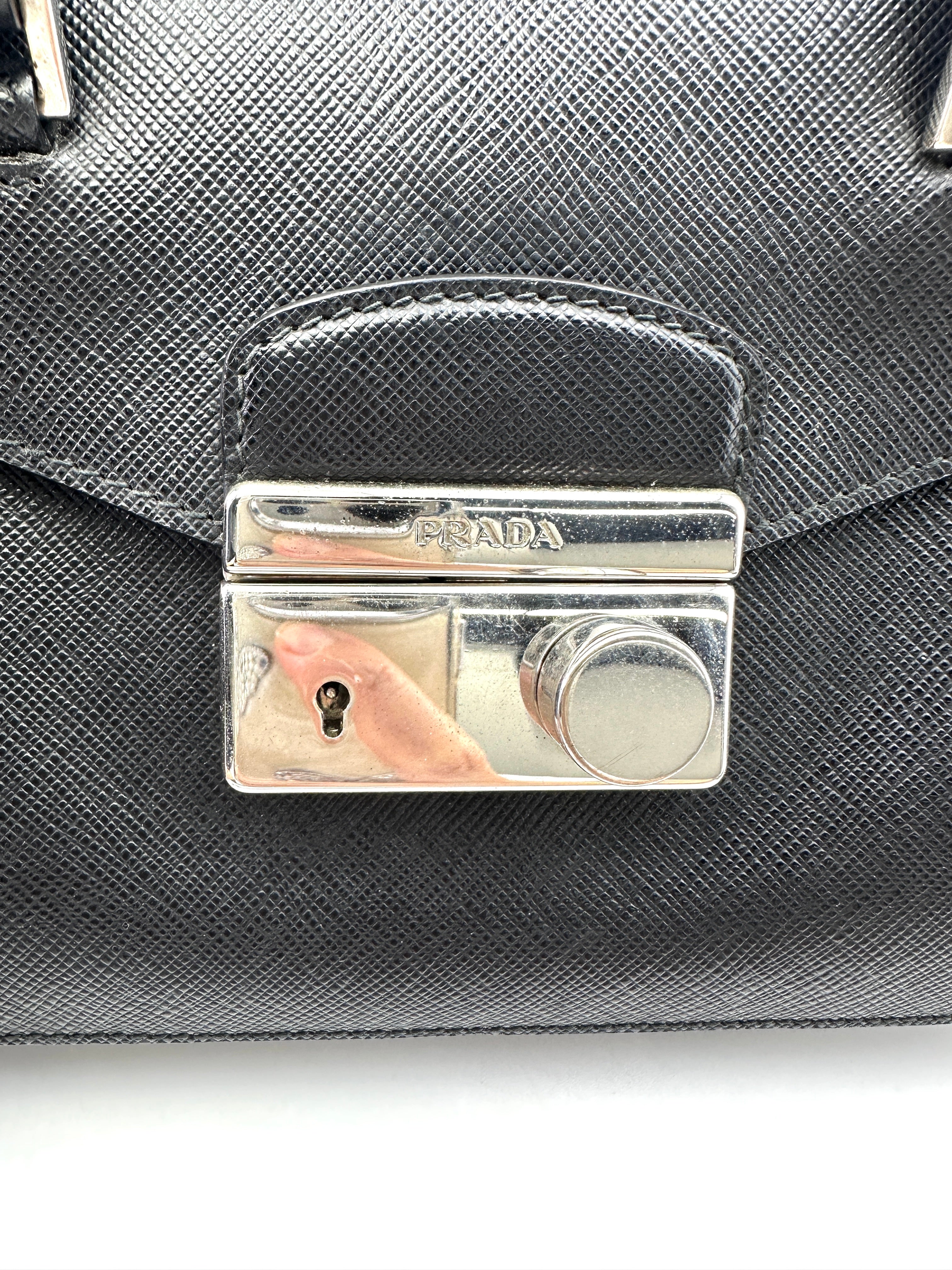 Prada Sound Lock Black Saffiano Leather Handle Bag PR270