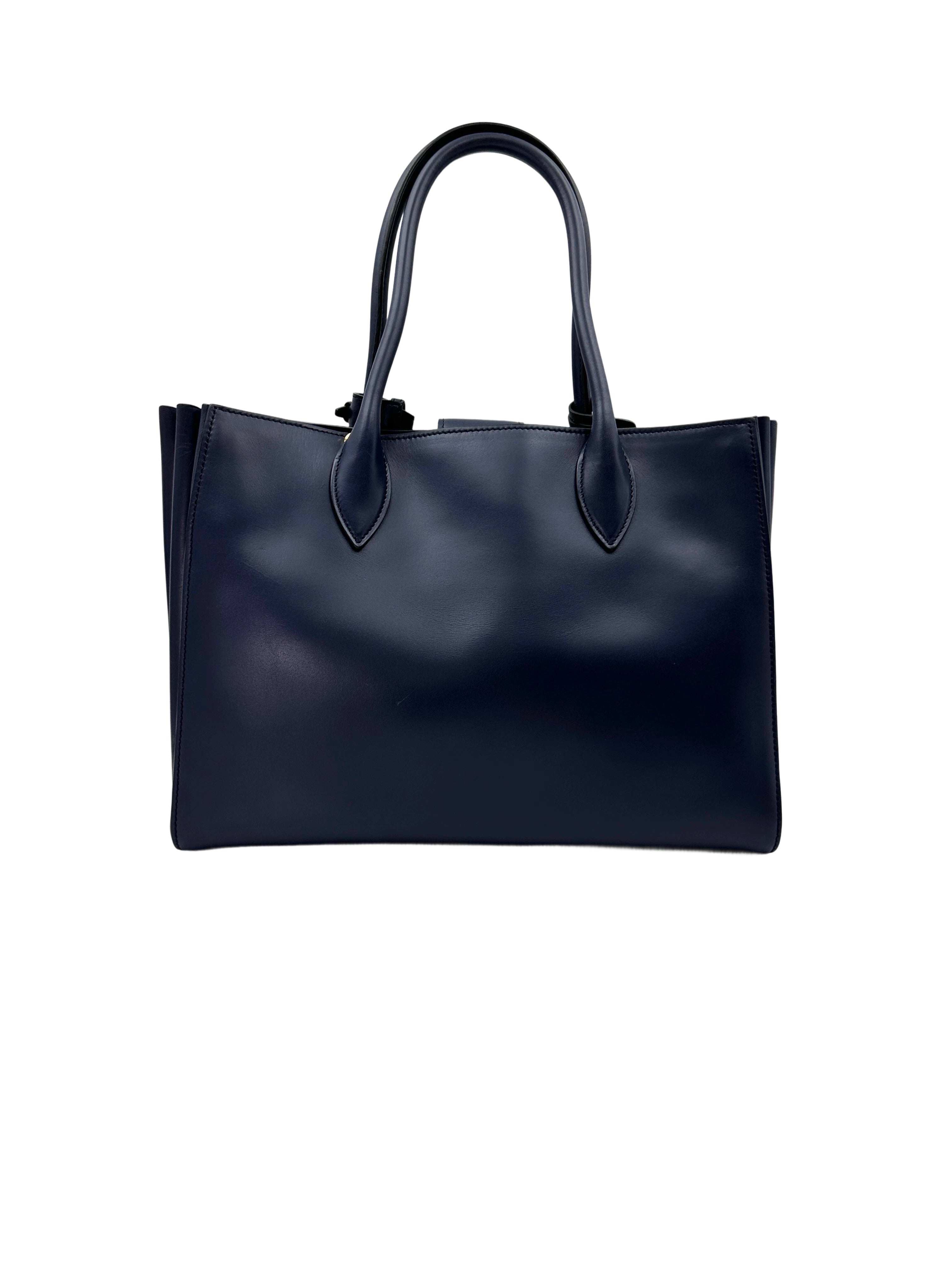 Prada Bibliotheque Navy Saffiano Leather Accordion Handle Bag PR271