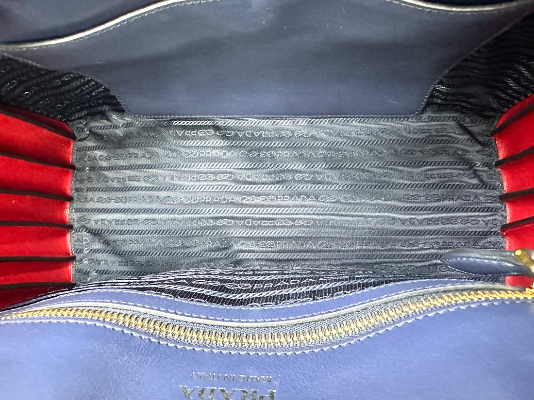 Prada Bibliotheque Navy Saffiano Leather Accordion Handle Bag PR271
