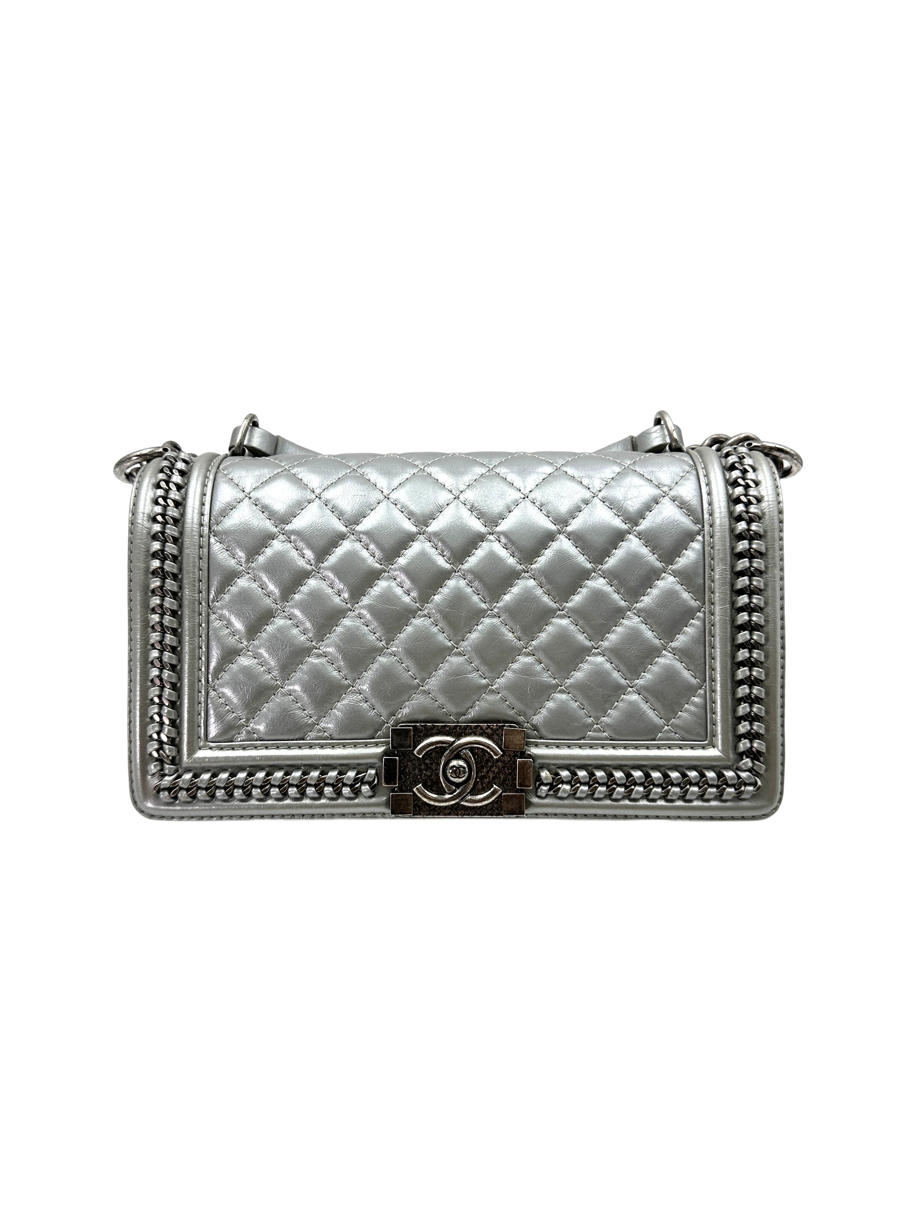 Chanel LeBoy Silver Quilted Leather Medium Size Top Handle Flap Bag With Silver Buckle(23***88) CC1805