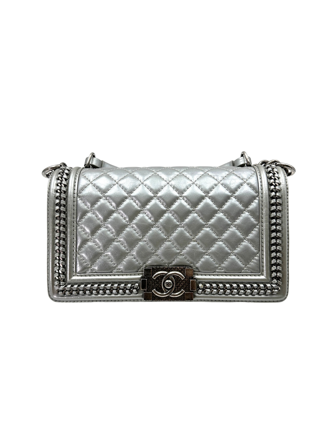 Chanel LeBoy Silver Quilted Leather Medium Size Top Handle Flap Bag With Silver Buckle(23***88) CC1805