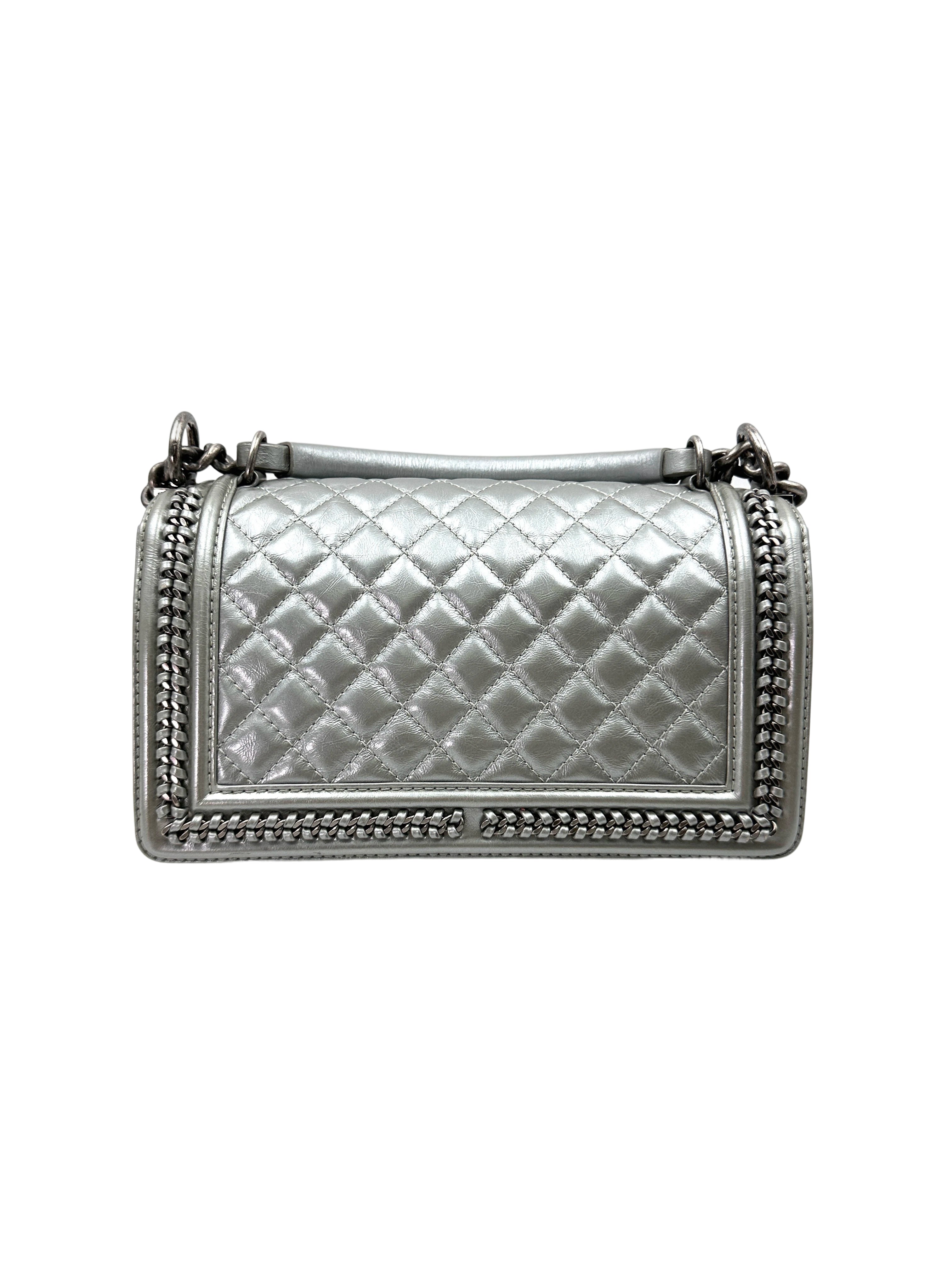 Chanel LeBoy Silver Quilted Leather Medium Size Top Handle Flap Bag With Silver Buckle(23***88) CC1805