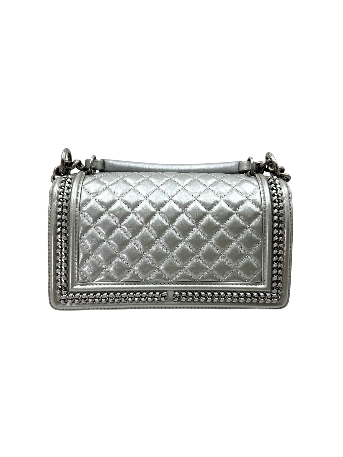 Chanel LeBoy Silver Quilted Leather Medium Size Top Handle Flap Bag With Silver Buckle(23***88) CC1805