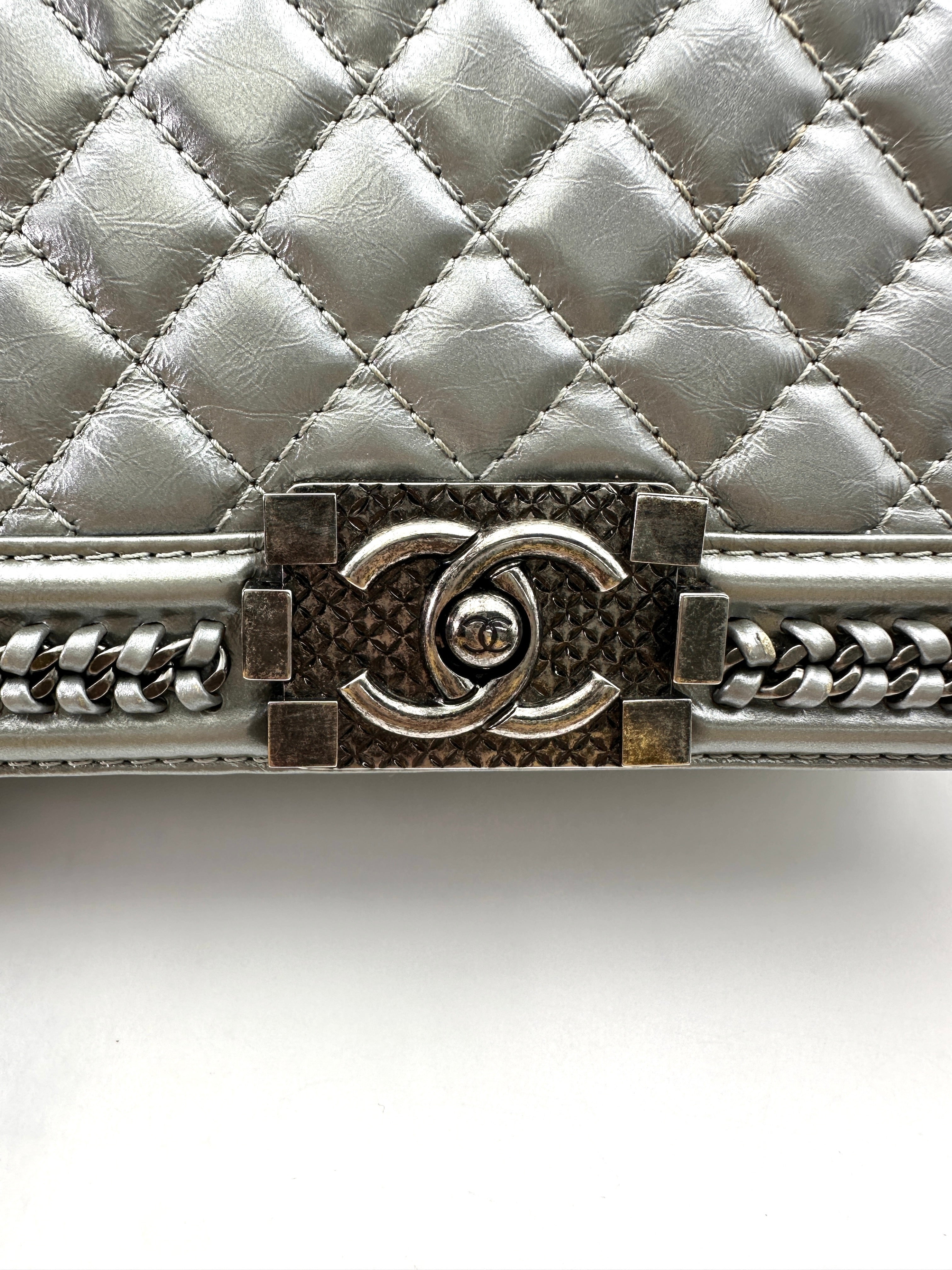 Chanel LeBoy Silver Quilted Leather Medium Size Top Handle Flap Bag With Silver Buckle(23***88) CC1805