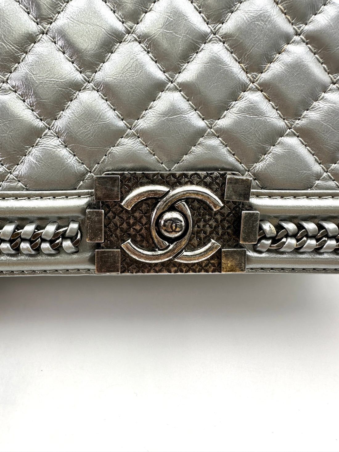 Chanel LeBoy Silver Quilted Leather Medium Size Top Handle Flap Bag With Silver Buckle(23***88) CC1805
