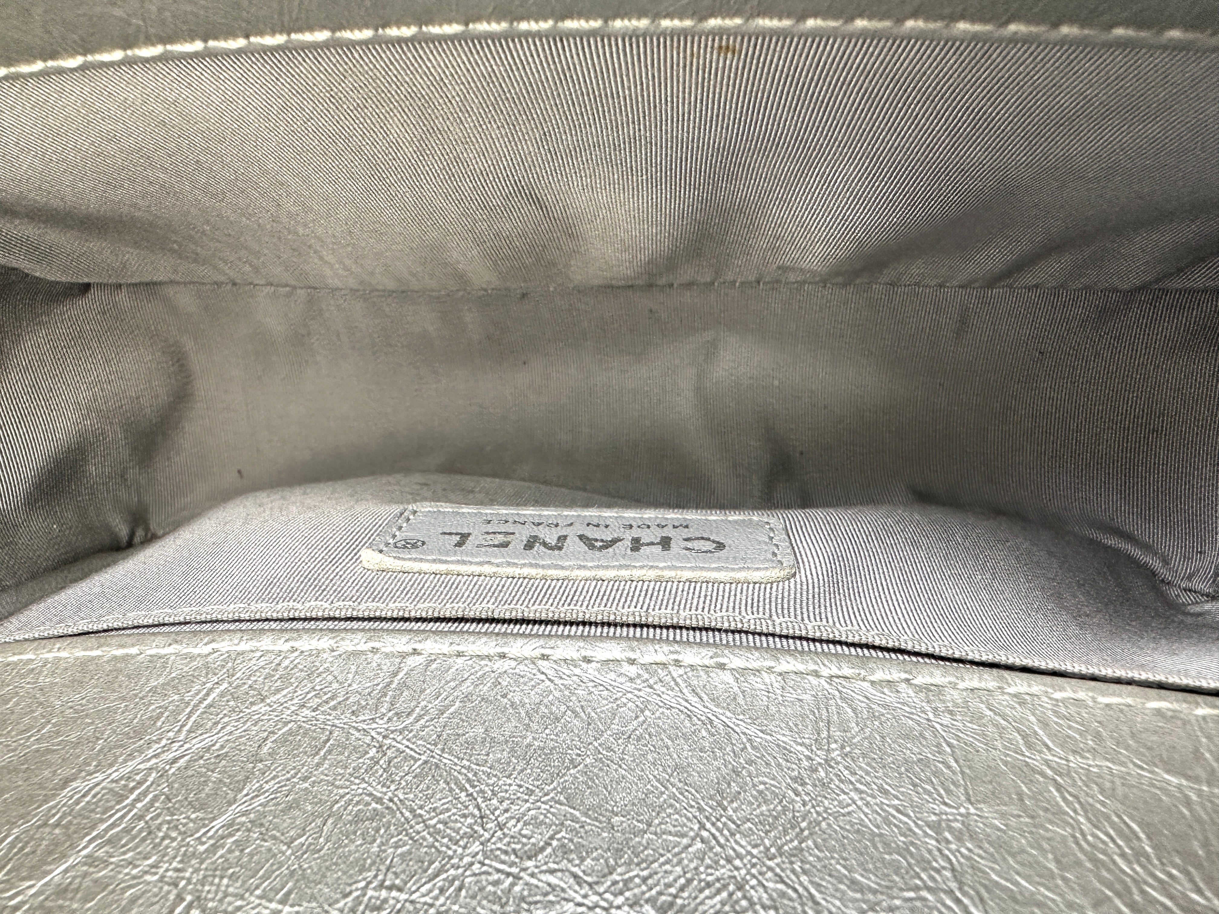 Chanel LeBoy Silver Quilted Leather Medium Size Top Handle Flap Bag With Silver Buckle(23***88) CC1805