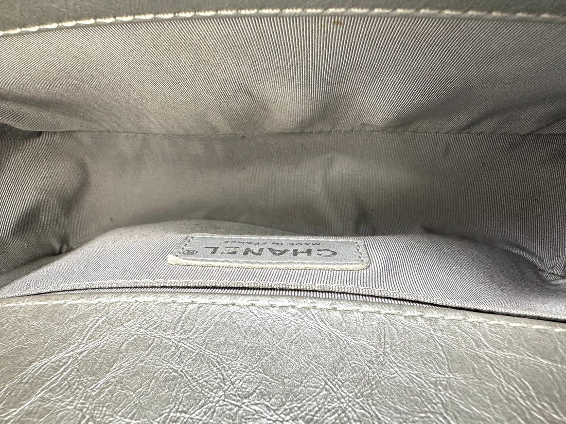 Chanel LeBoy Silver Quilted Leather Medium Size Top Handle Flap Bag With Silver Buckle(23***88) CC1805