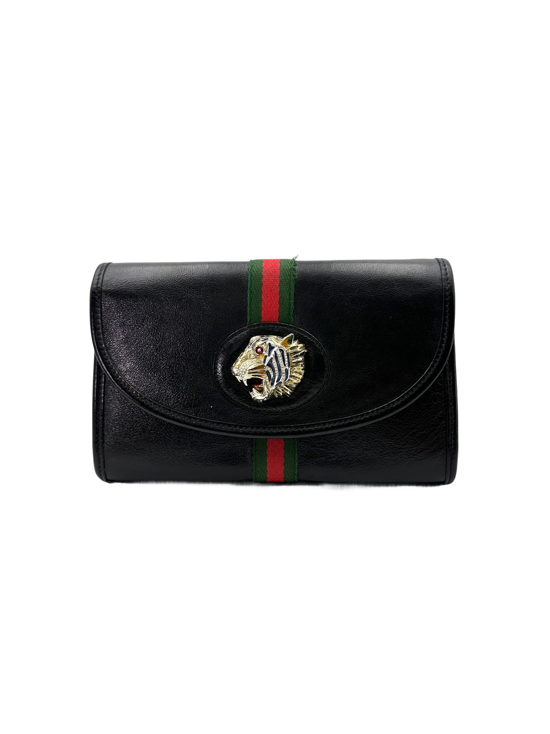 Gucci Rajah Black Leather Shoulder Bag With Crystal Tiger Head GG855