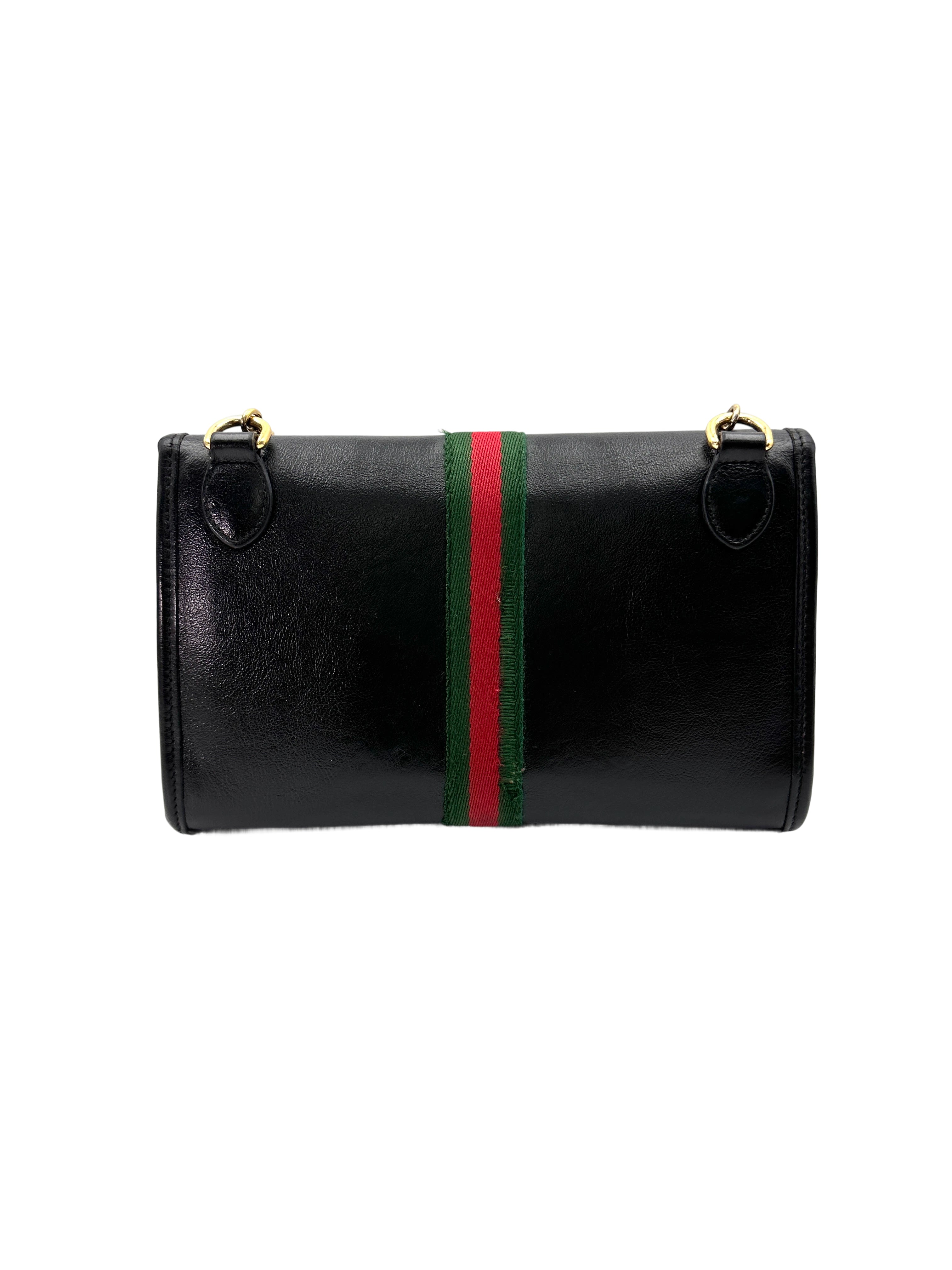 Gucci Rajah Black Leather Shoulder Bag With Crystal Tiger Head GG855