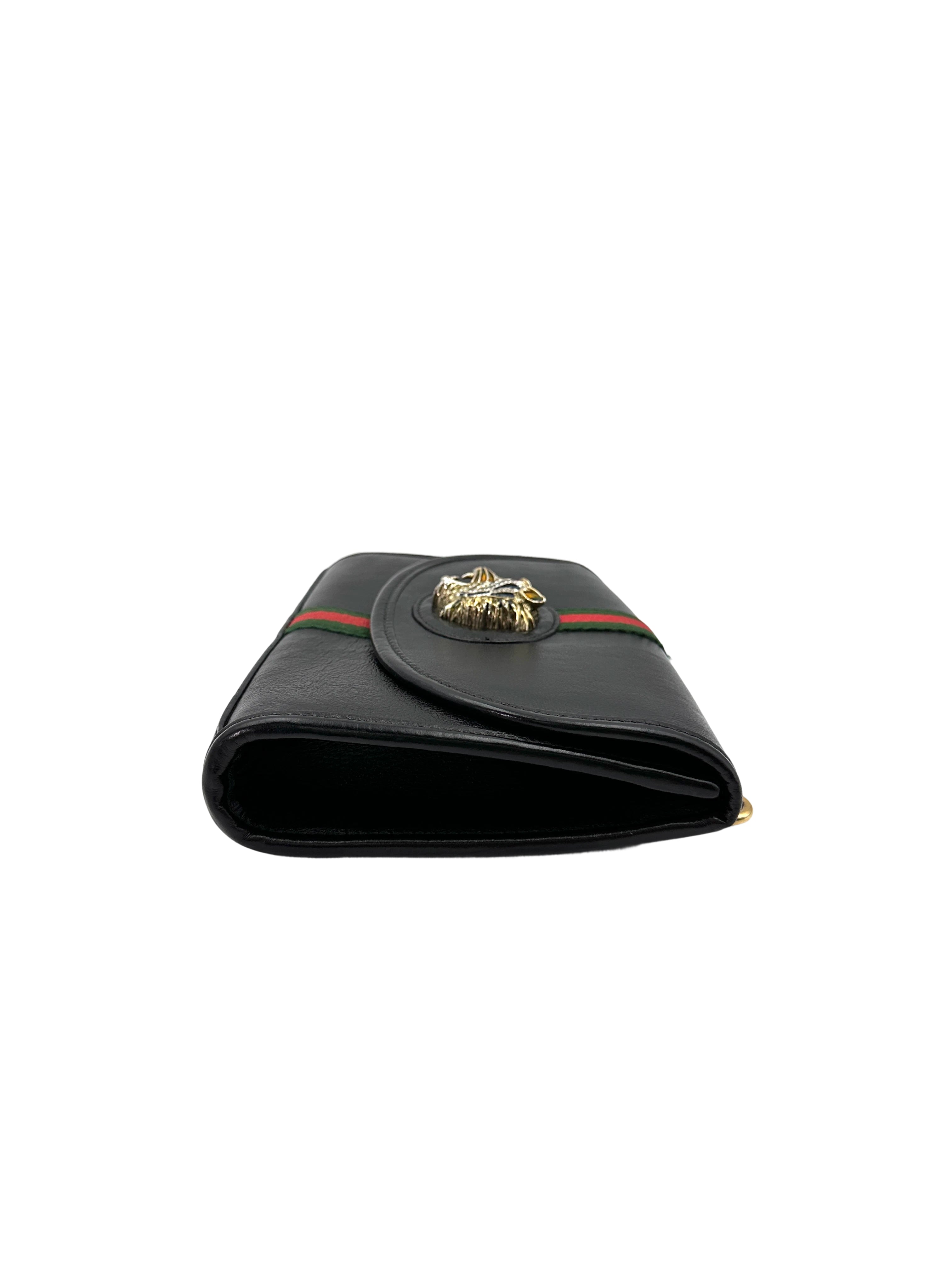 Gucci Rajah Black Leather Shoulder Bag With Crystal Tiger Head GG855