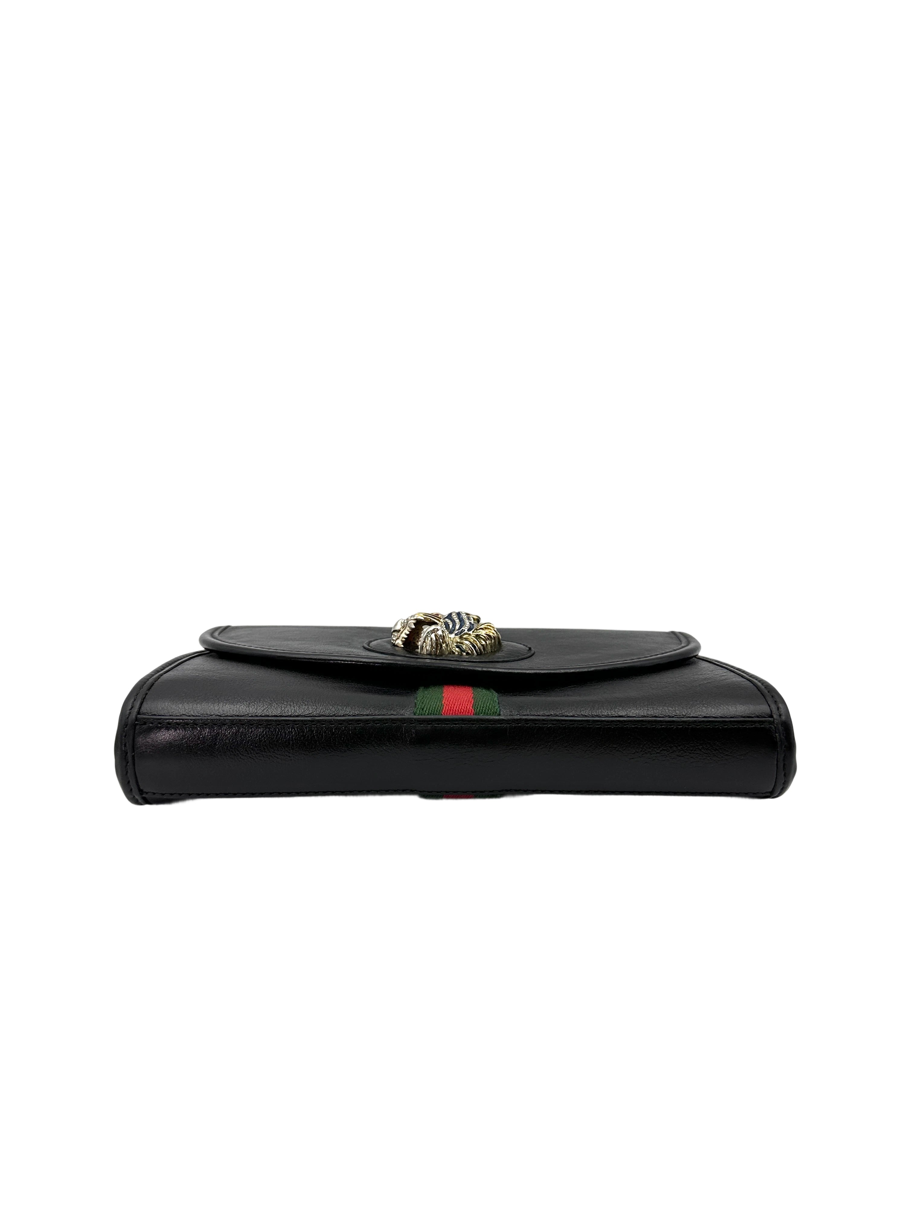 Gucci Rajah Black Leather Shoulder Bag With Crystal Tiger Head GG855