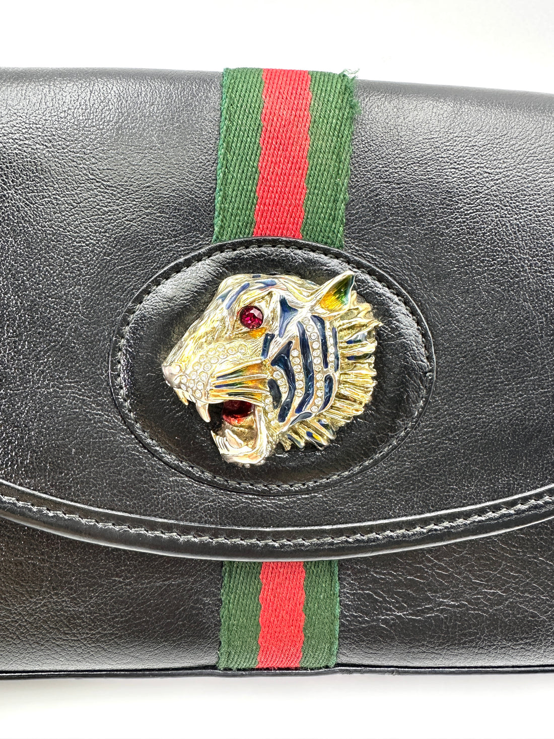 Gucci Rajah Black Leather Shoulder Bag With Crystal Tiger Head GG855