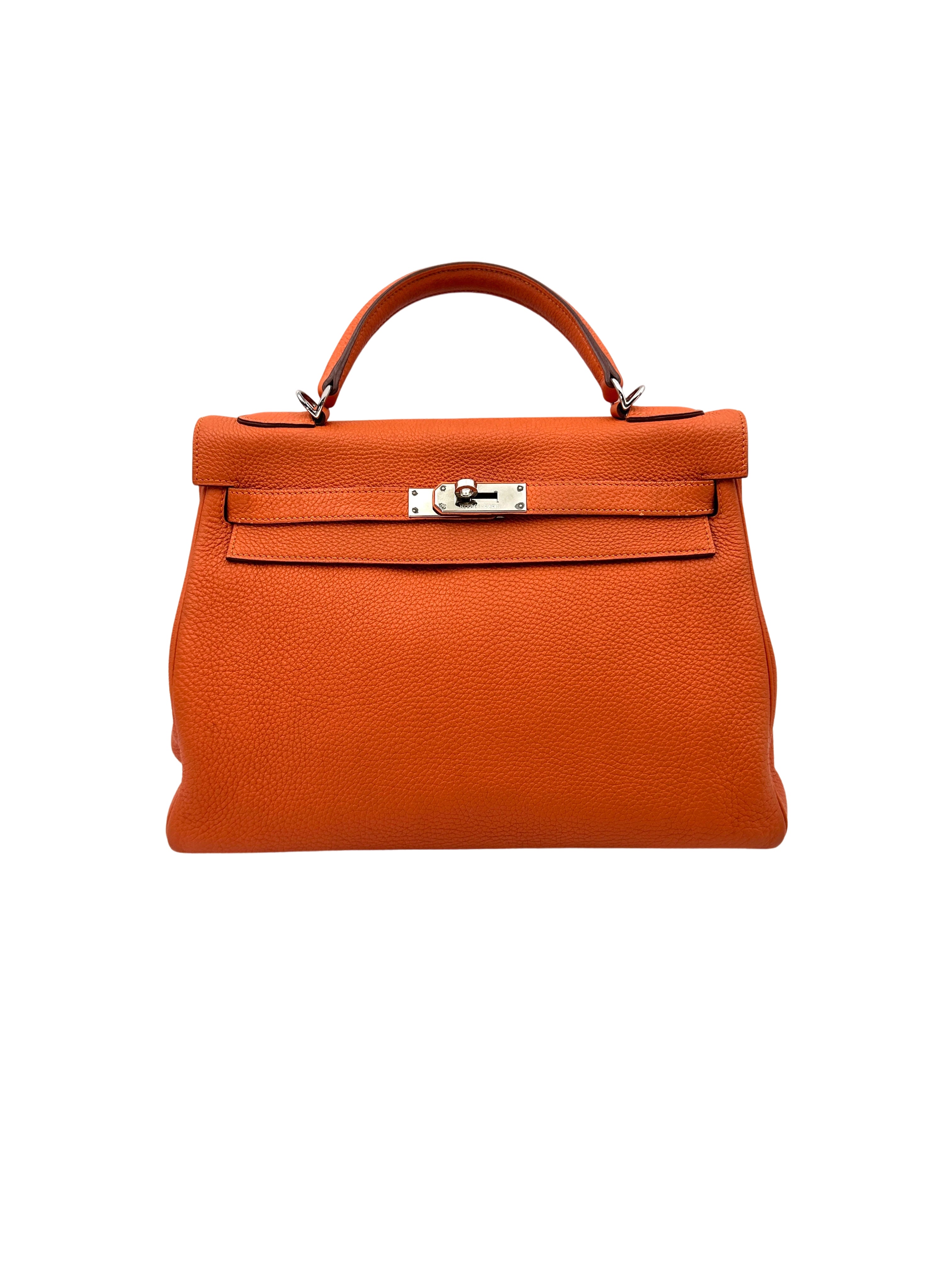 Hermes Kelly 32 Orange Leather Handle Bag With Silver Hardware HR98