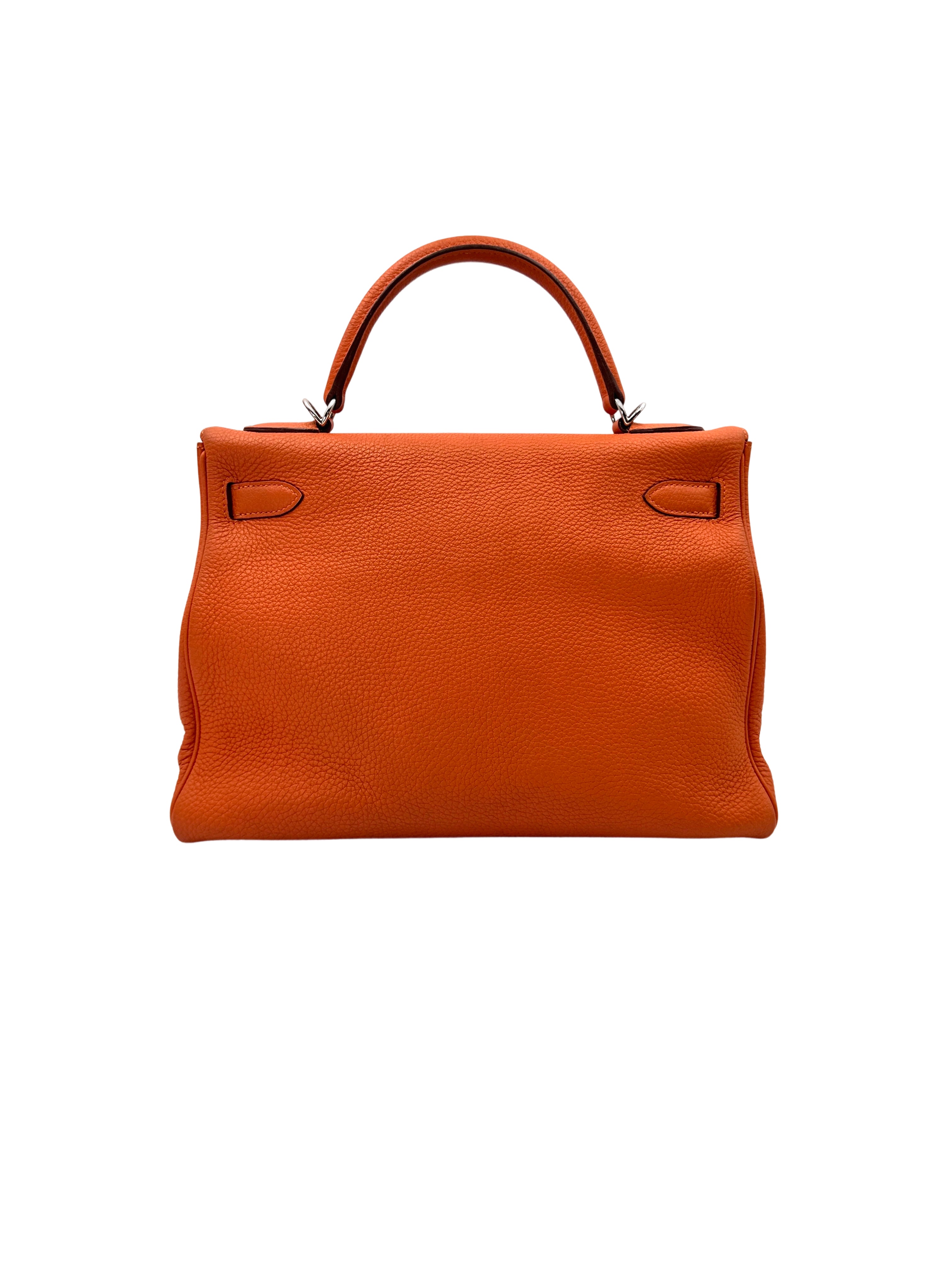 Hermes Kelly 32 Orange Leather Handle Bag With Silver Hardware HR98