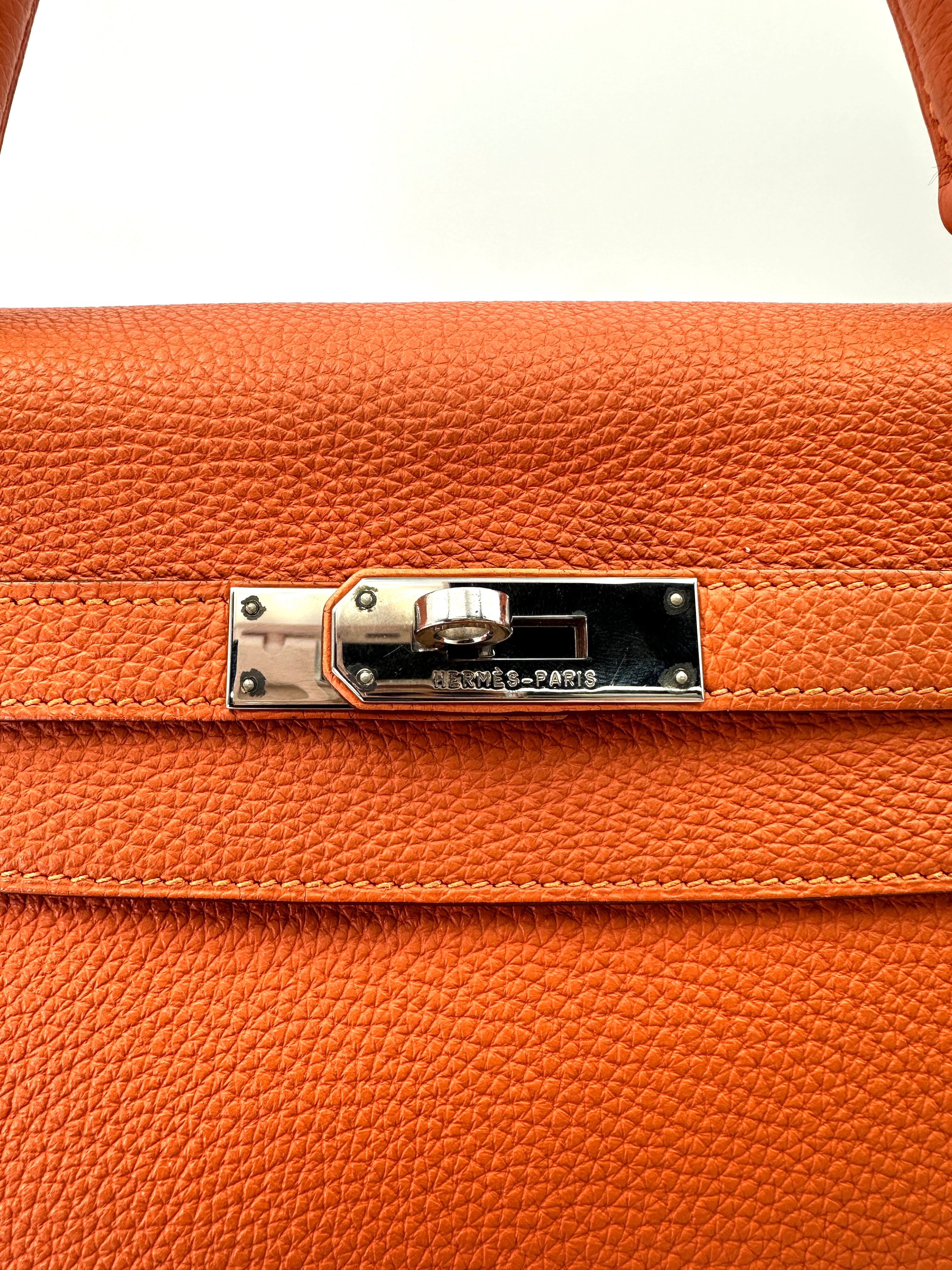 Hermes Kelly 32 Orange Leather Handle Bag With Silver Hardware HR98