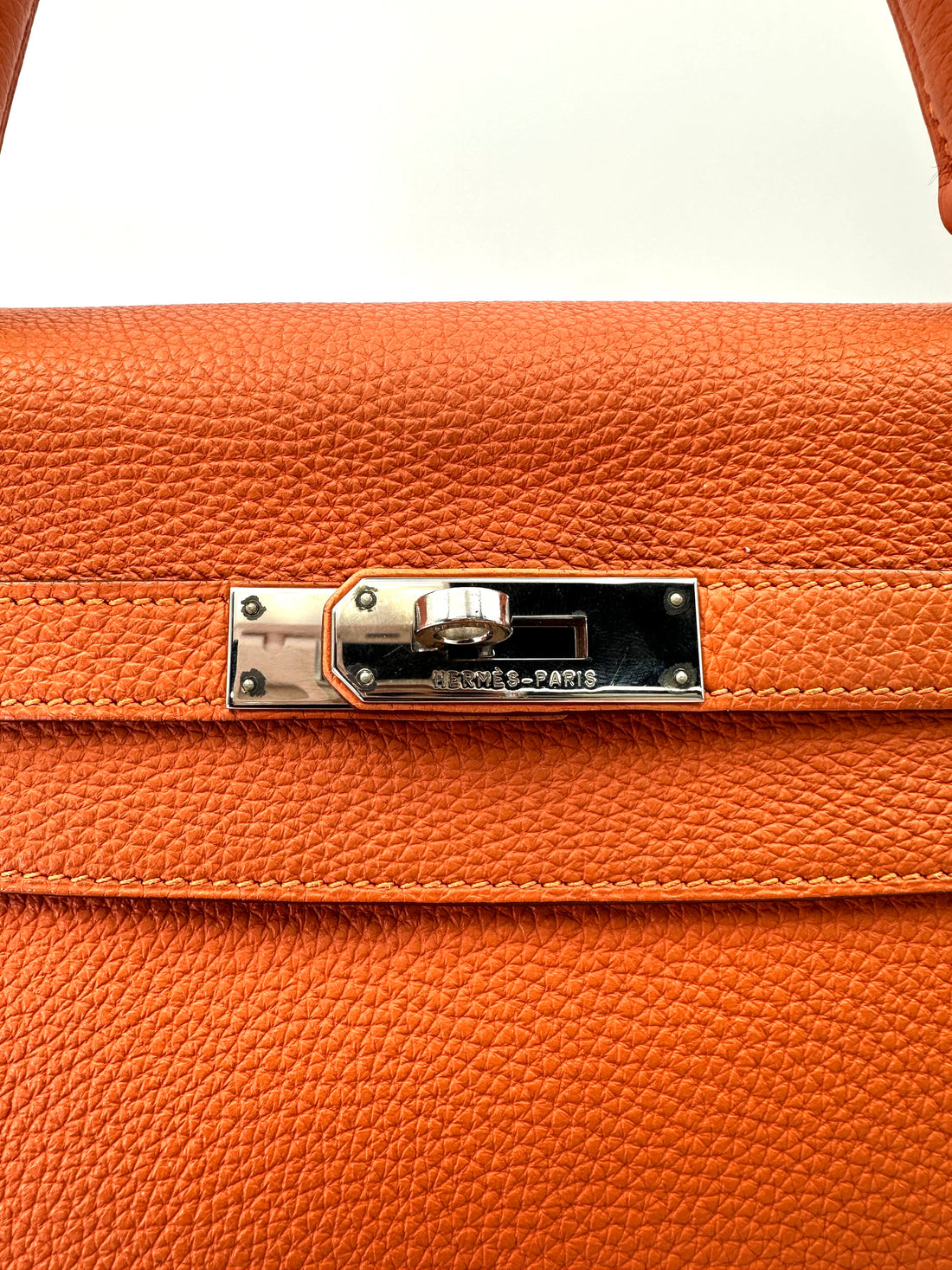 Hermes Kelly 32 Orange Leather Handle Bag With Silver Hardware HR98