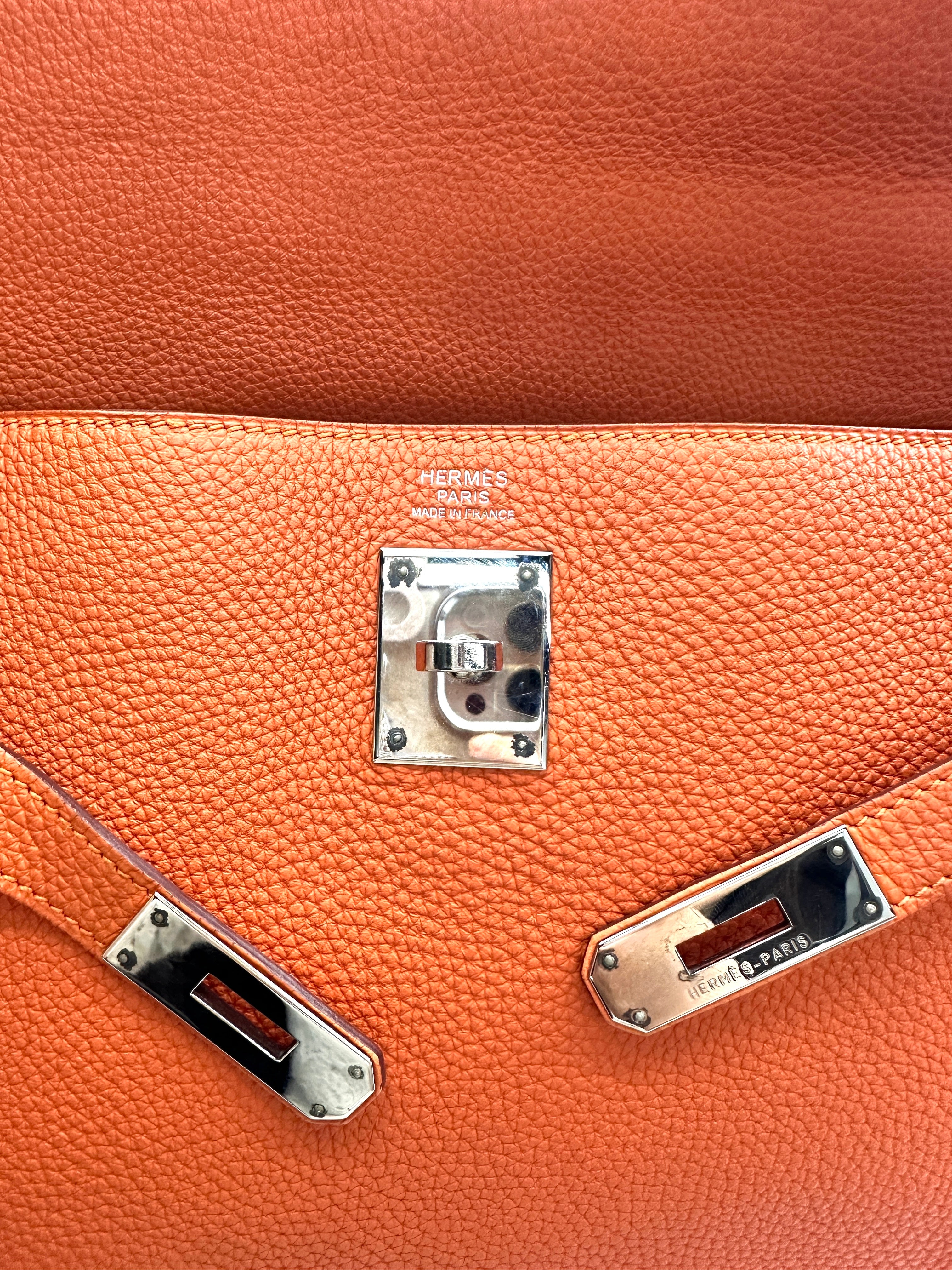 Hermes Kelly 32 Orange Leather Handle Bag With Silver Hardware HR98