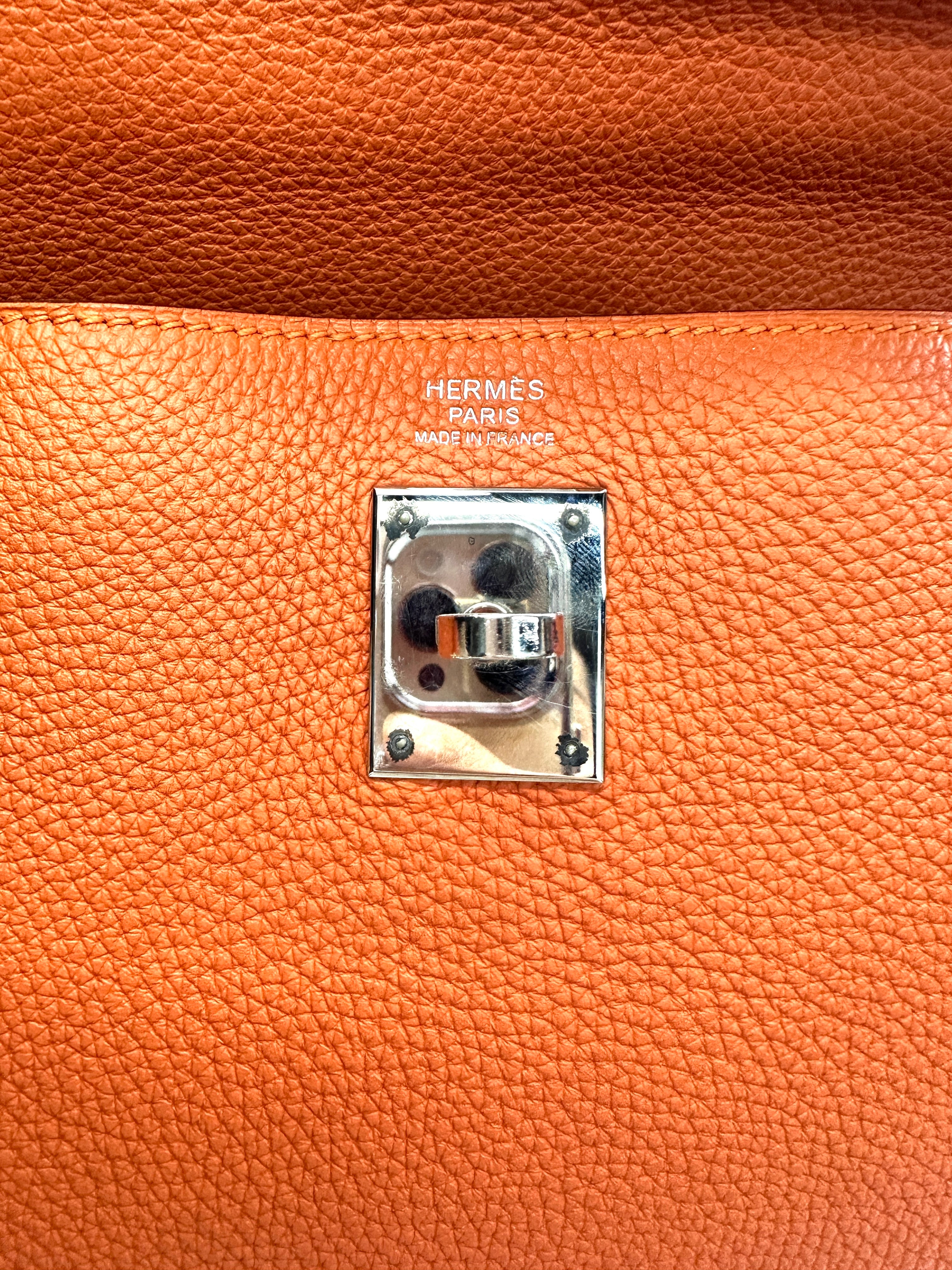 Hermes Kelly 32 Orange Leather Handle Bag With Silver Hardware HR98