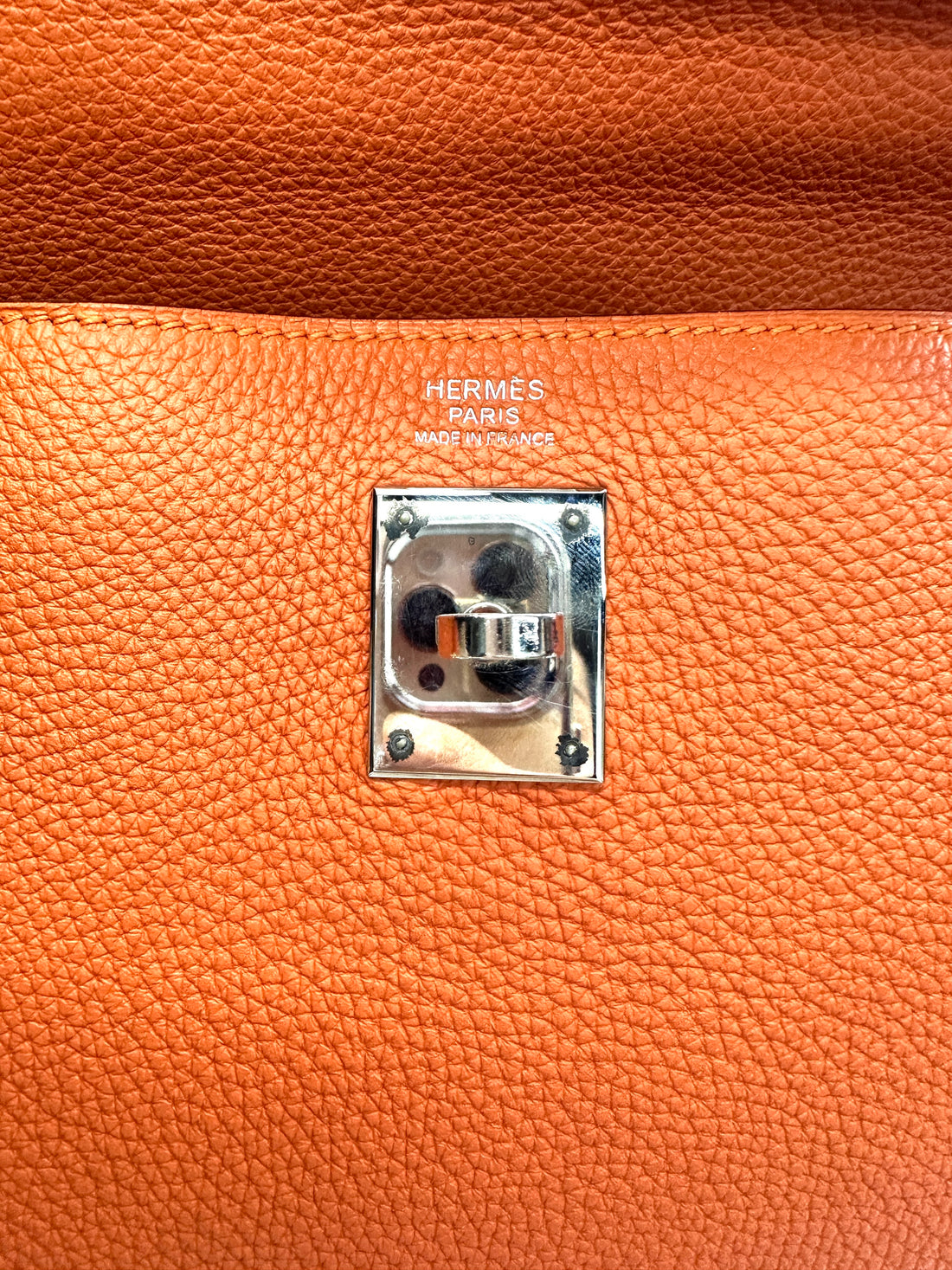 Hermes Kelly 32 Orange Leather Handle Bag With Silver Hardware HR98