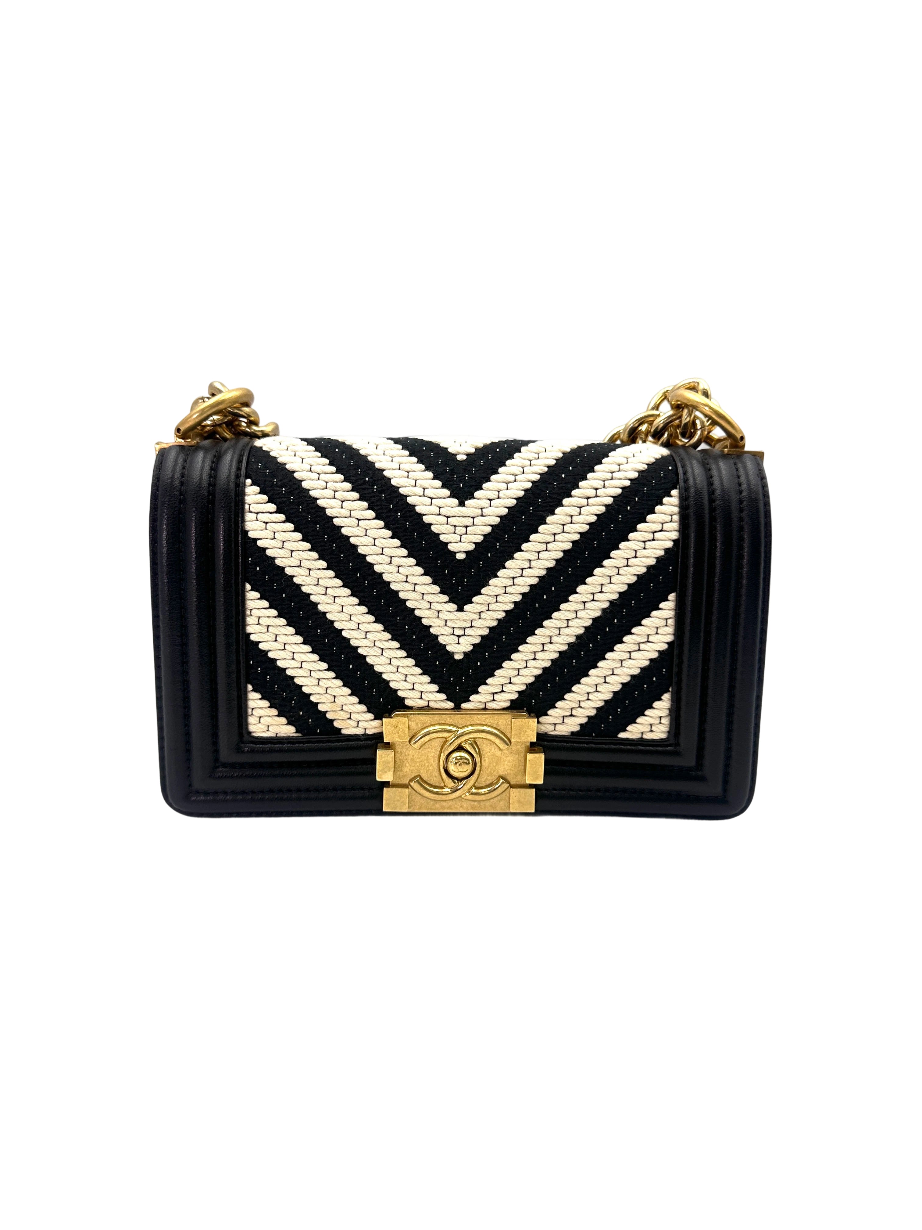 Chanel LeBoy Black/White Fabric Chevron Small Size Flap Bag With Gold Buckle(23***19) IRIS174