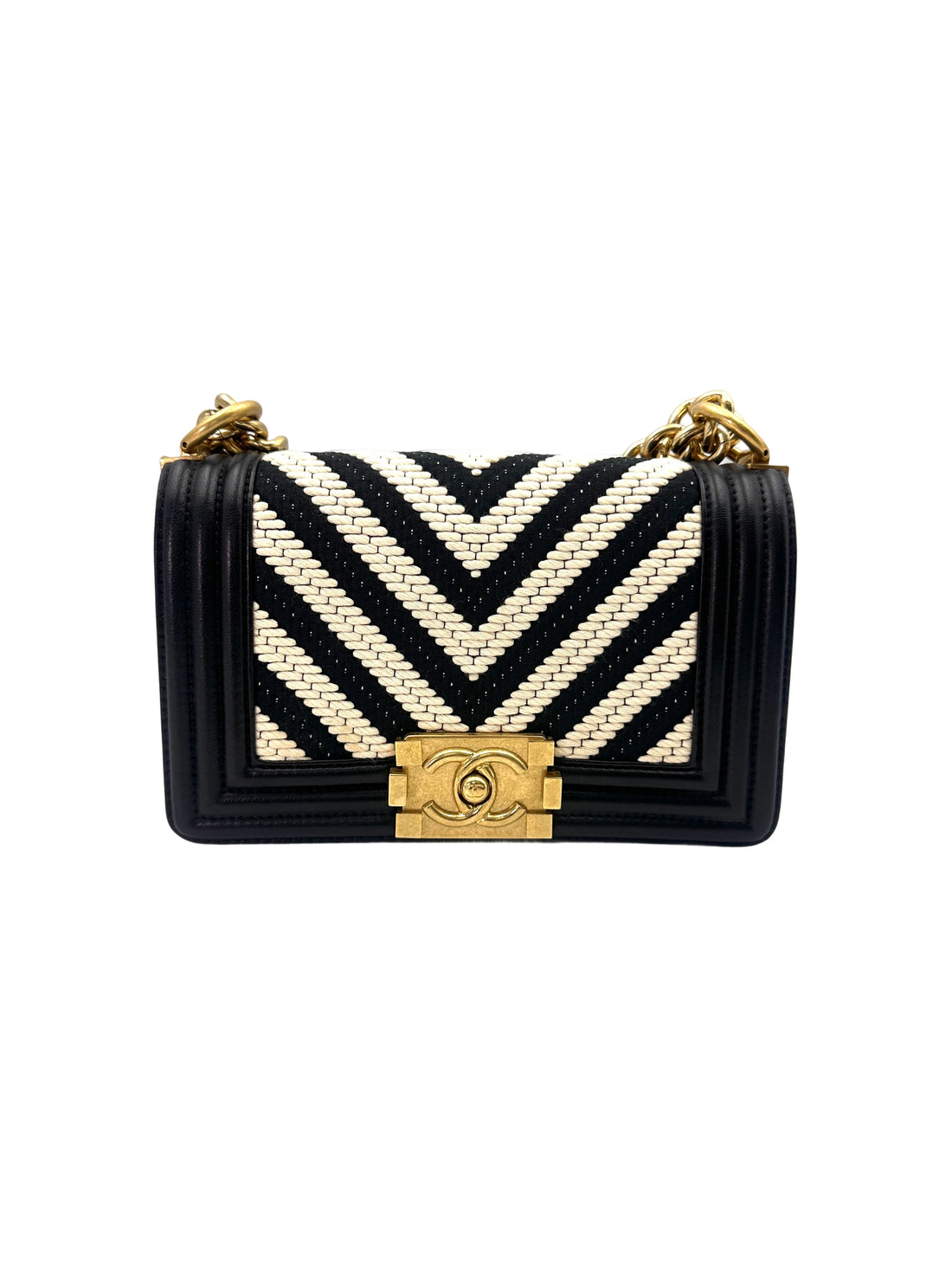 Chanel LeBoy Black/White Fabric Chevron Small Size Flap Bag With Gold Buckle(23***19) IRIS174