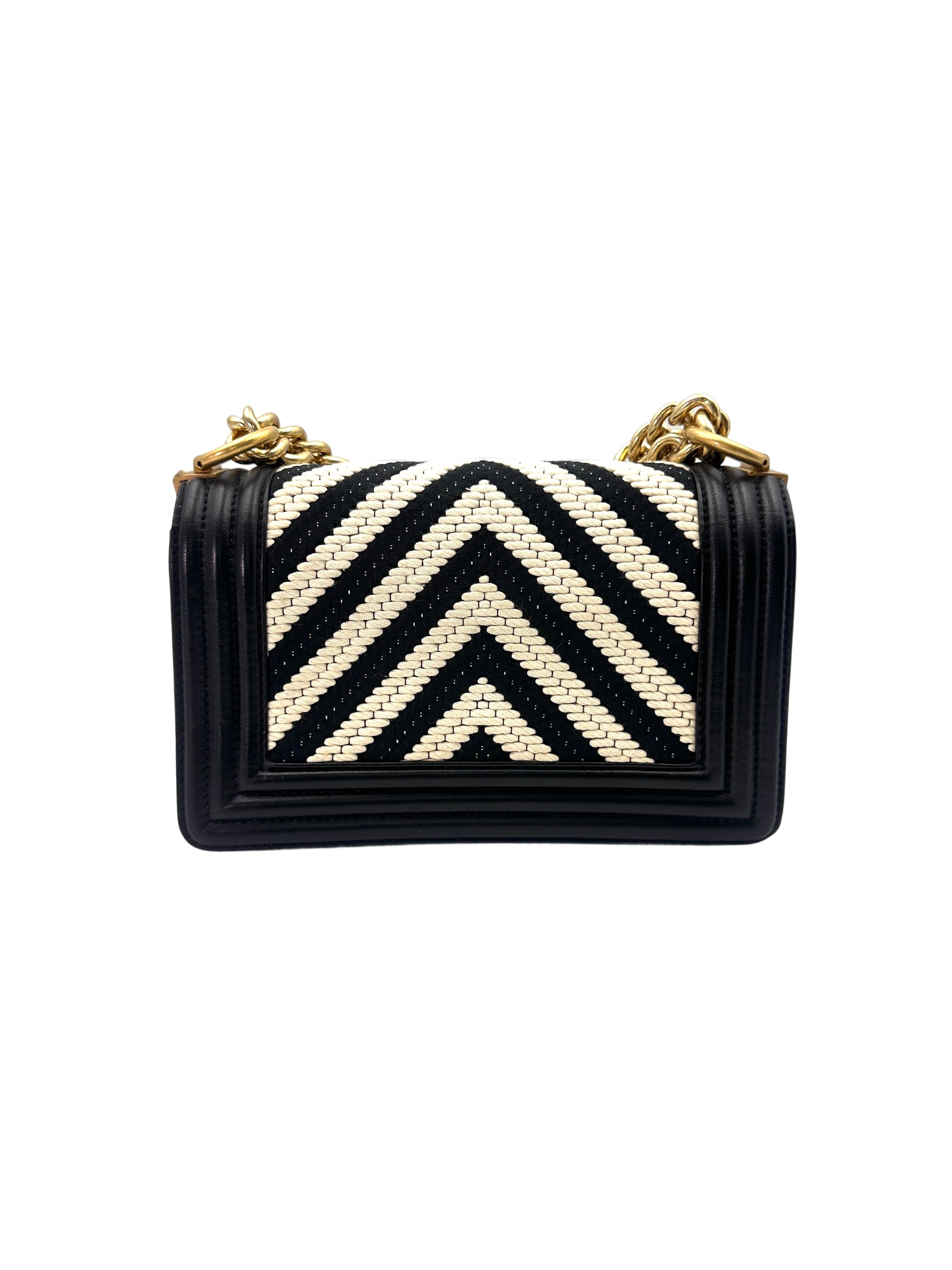 Chanel LeBoy Black/White Fabric Chevron Small Size Flap Bag With Gold Buckle(23***19) IRIS174