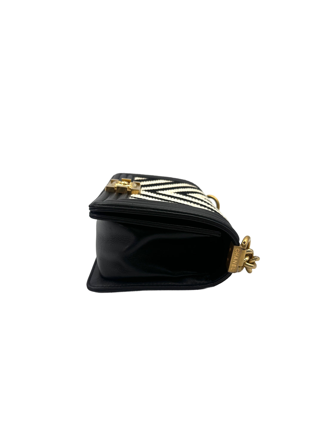 Chanel LeBoy Black/White Fabric Chevron Small Size Flap Bag With Gold Buckle(23***19) IRIS174